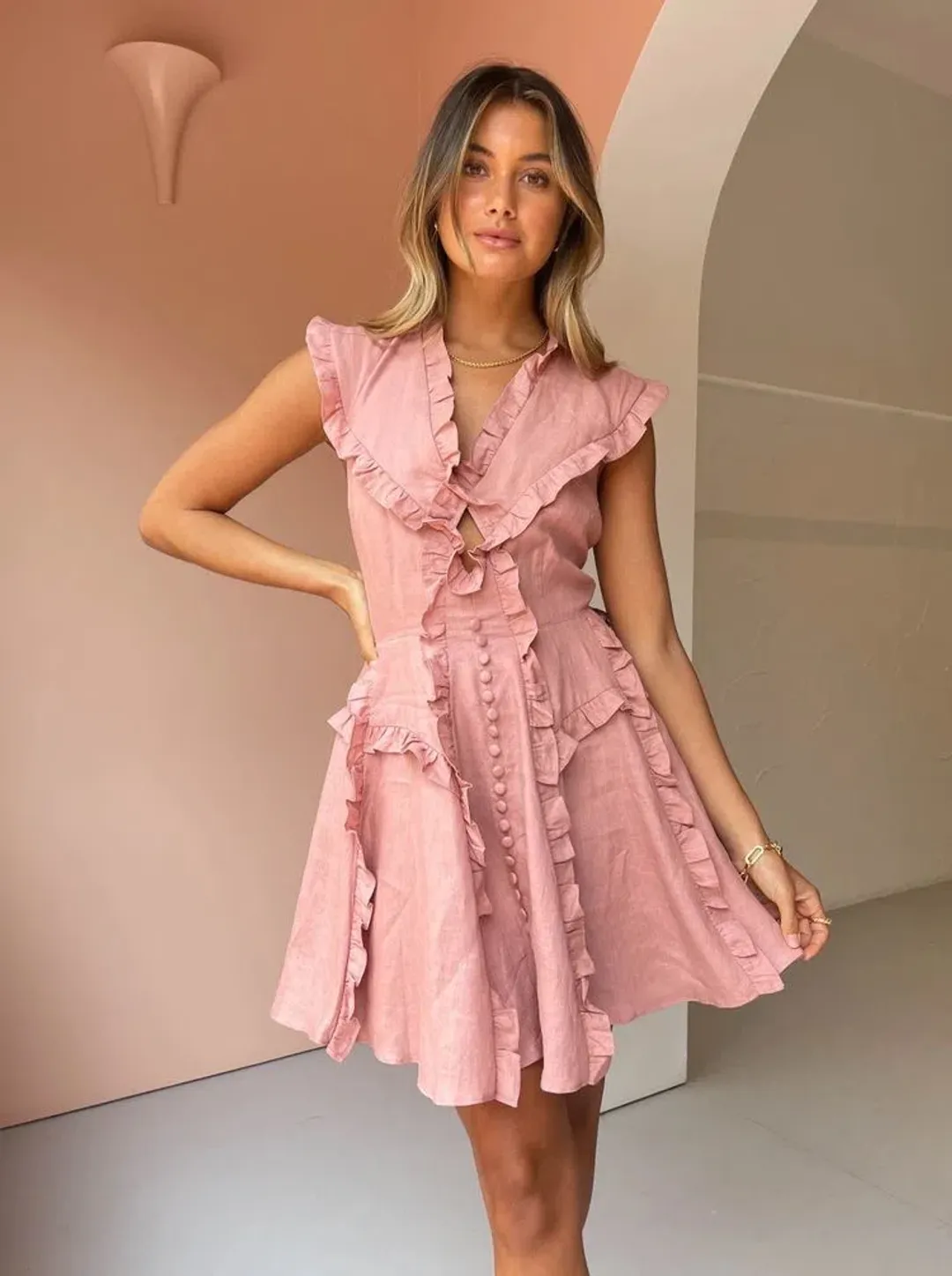 Joslin Studio Kayla Linen Mini Dress Pink Size 6 for rent on The Volte - main image