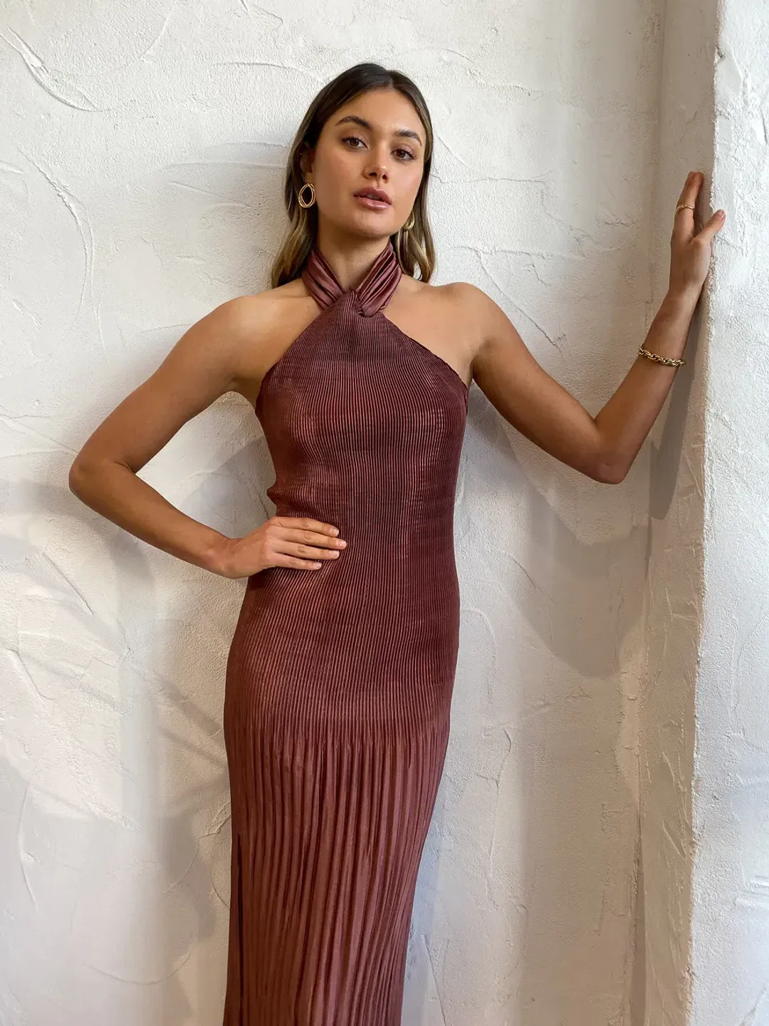 Lidee Soiree Halter Midi Dress in Brown Size 8 for rent on The Volte - main image