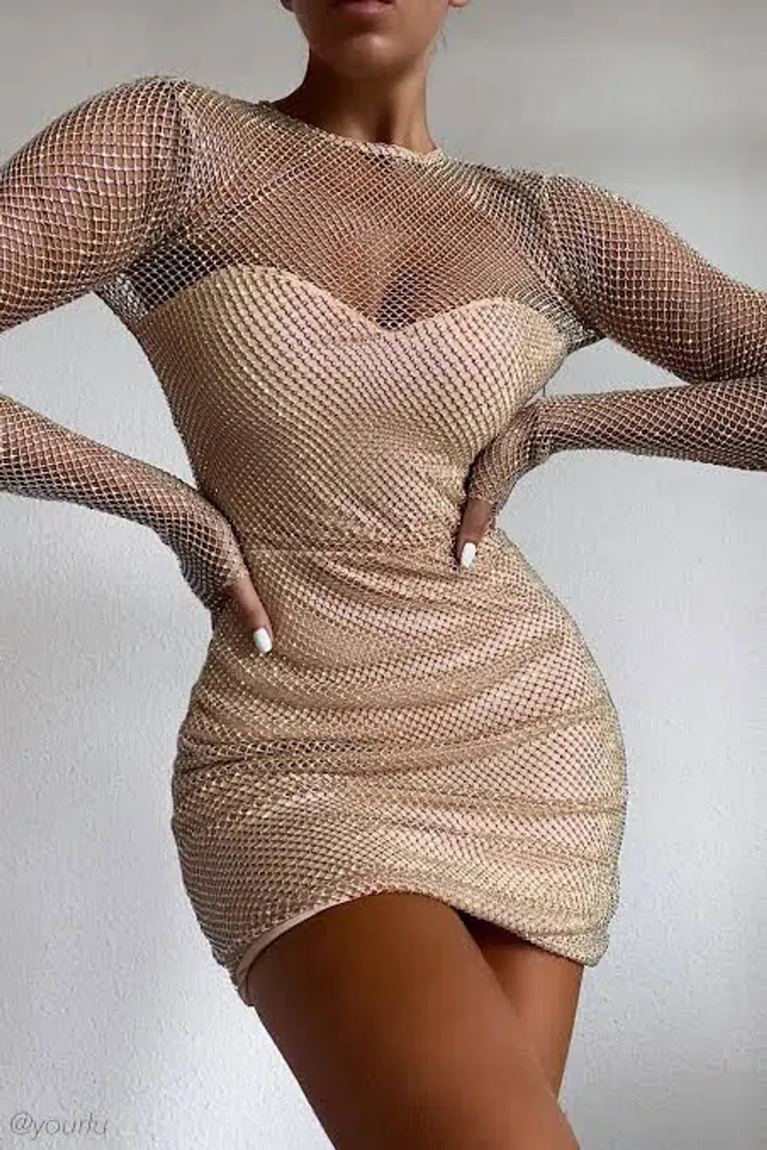 Meshki Shanese Long Sleeve Diamante Mini Dress Nude Size S for rent on The Volte - main image