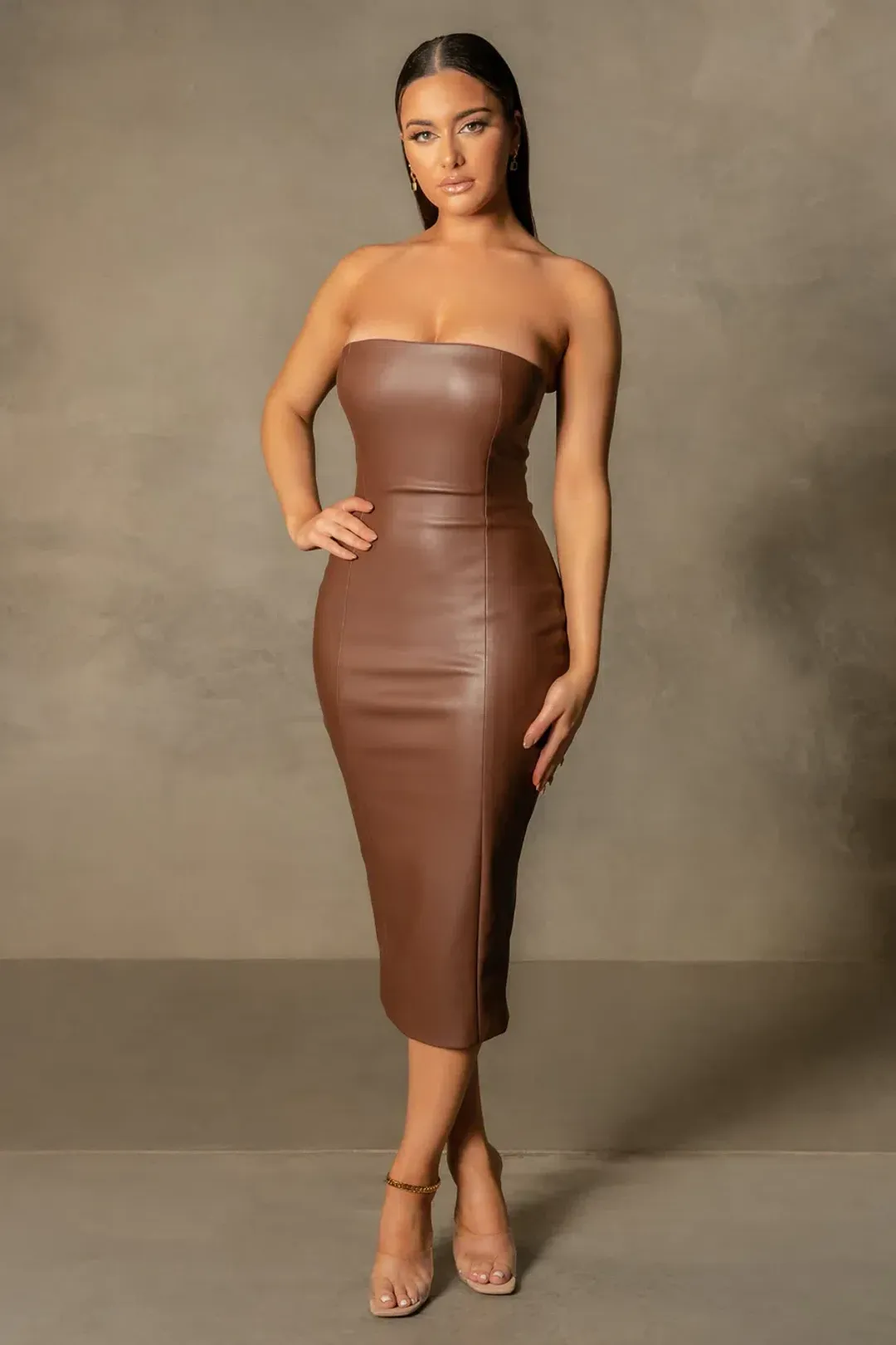 Meshki Pamela Strapless Faux Leather Dress Brown Size S for rent on The Volte - main image