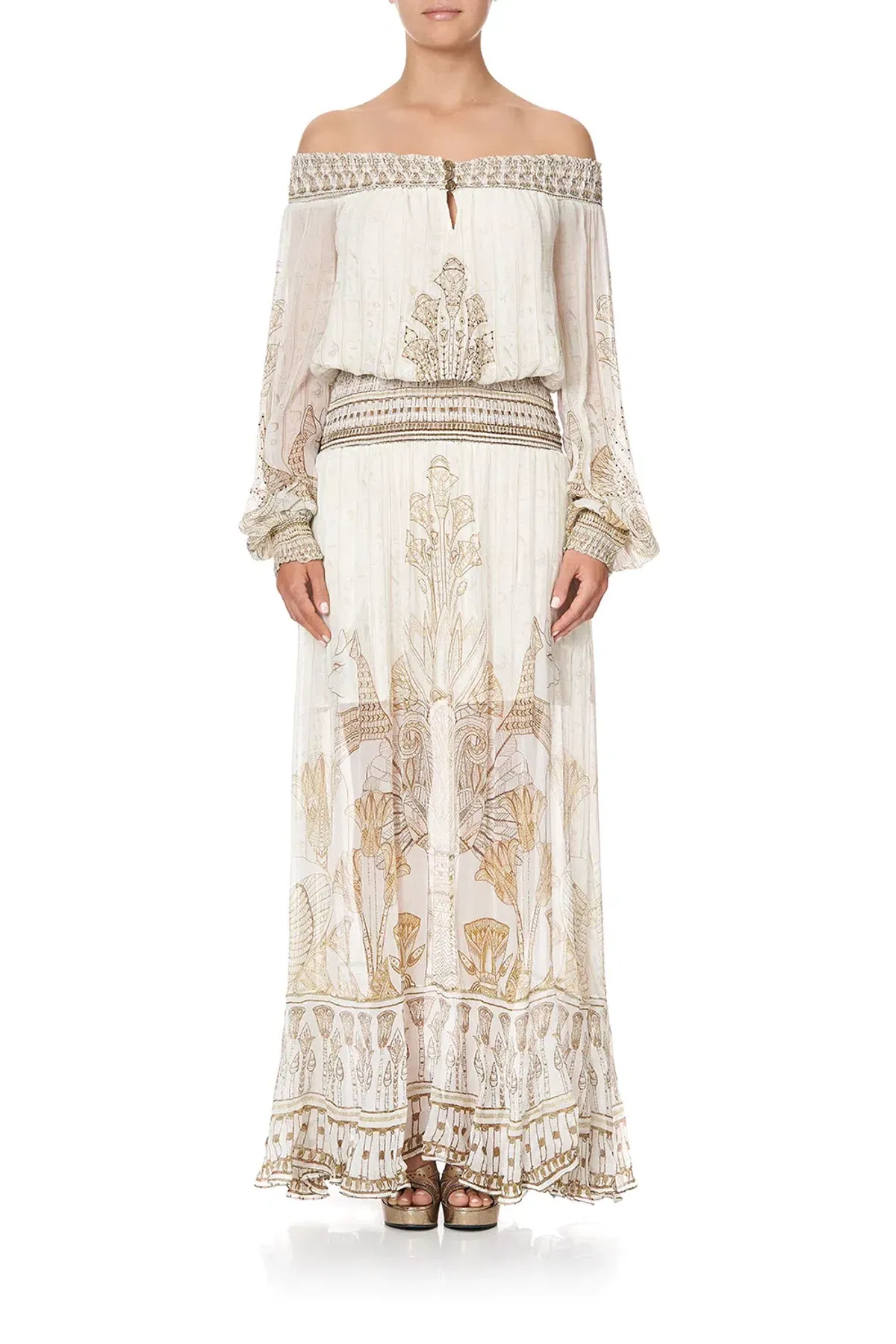 Camilla Off Shoulder Shirred Dress The Queens Chamber Print Size 10 - Image 1