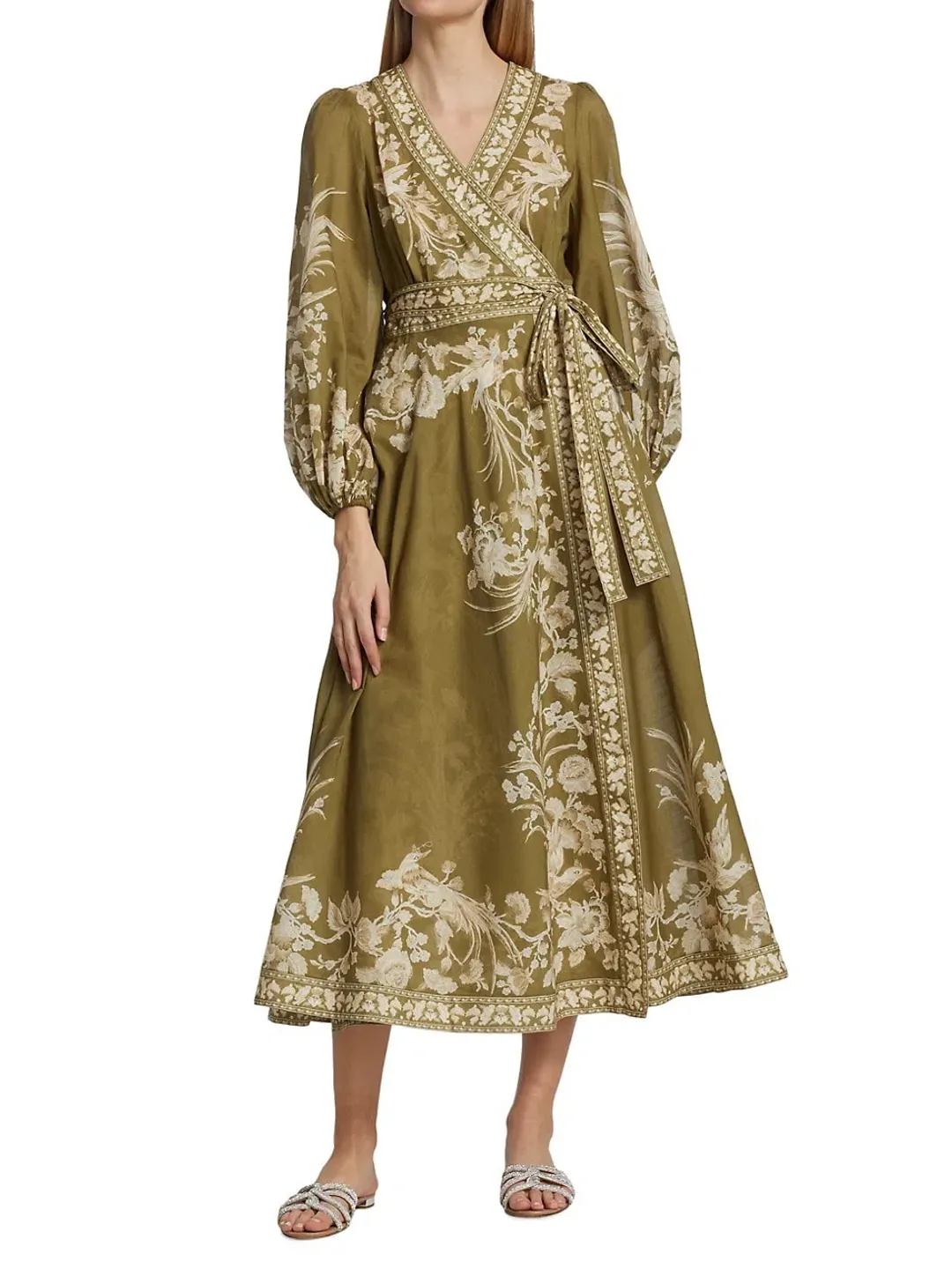 Zimmermann Anneke Avian print Cotton Voile Wrap Dress Brown Size 12 for rent on The Volte - main image