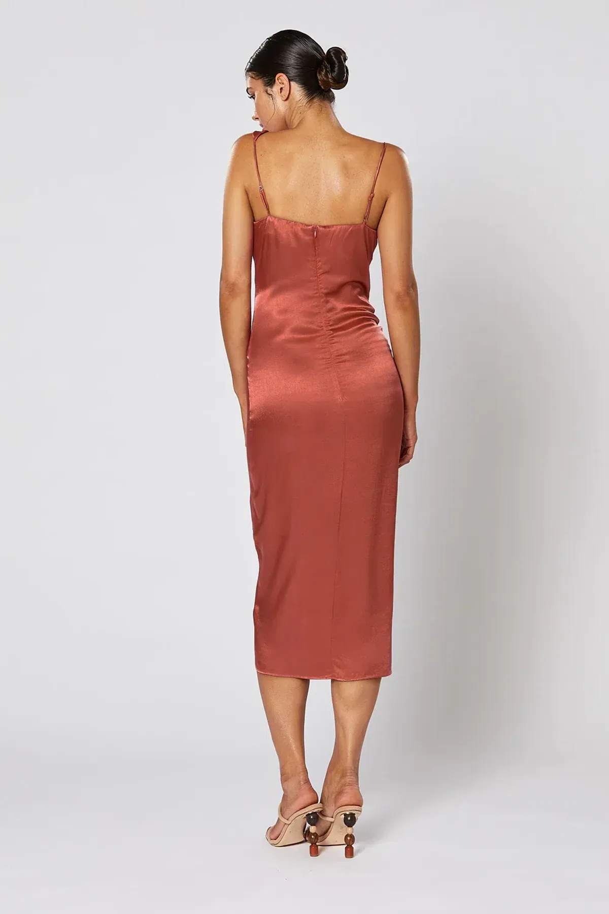 Winona Cara Asymmetric Satin Midi Dress in Copper Brown Size XS - Image 2