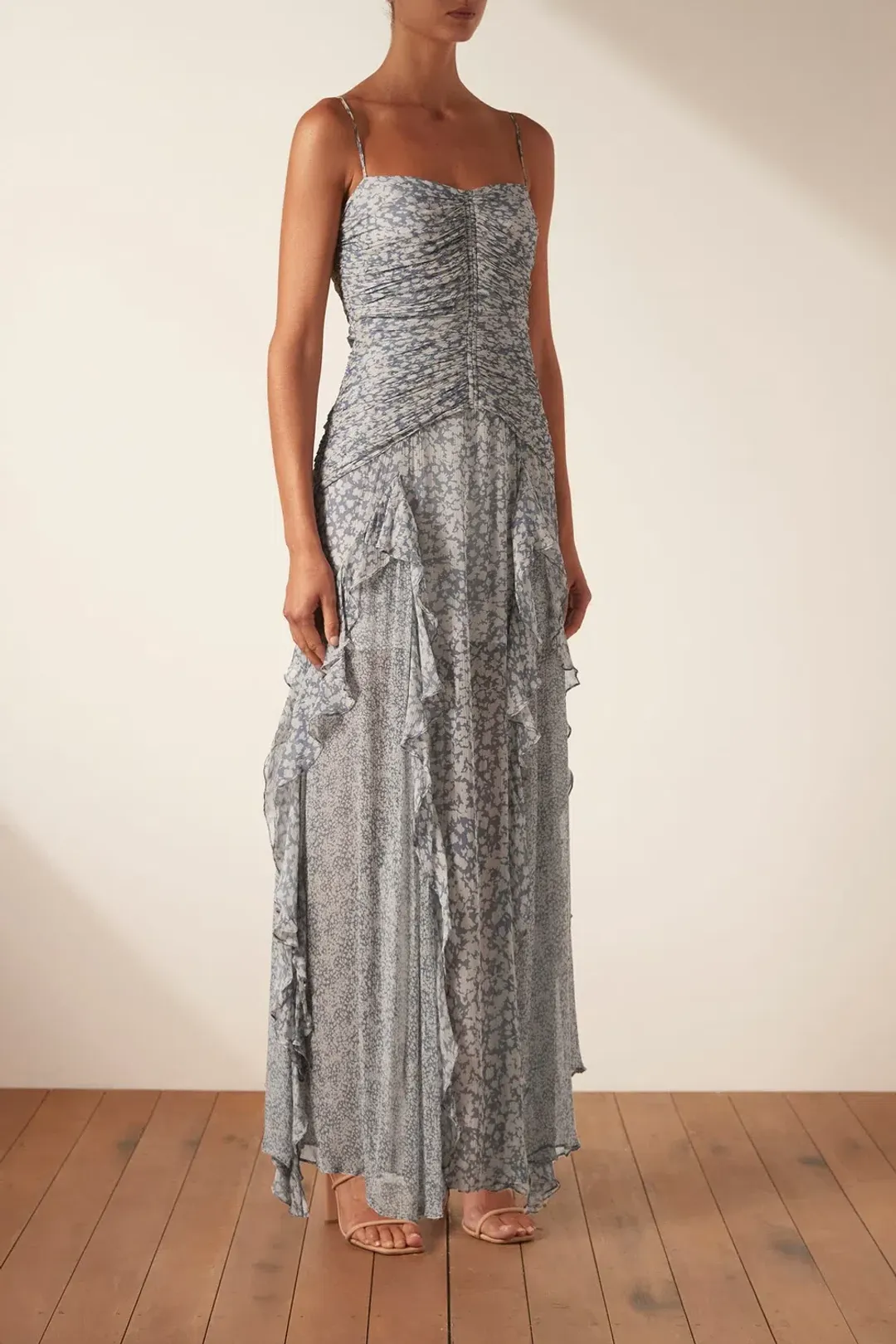 Shona Joy Candice Ruched Frill Maxi Dress Print Size 8 for rent on The Volte - main image