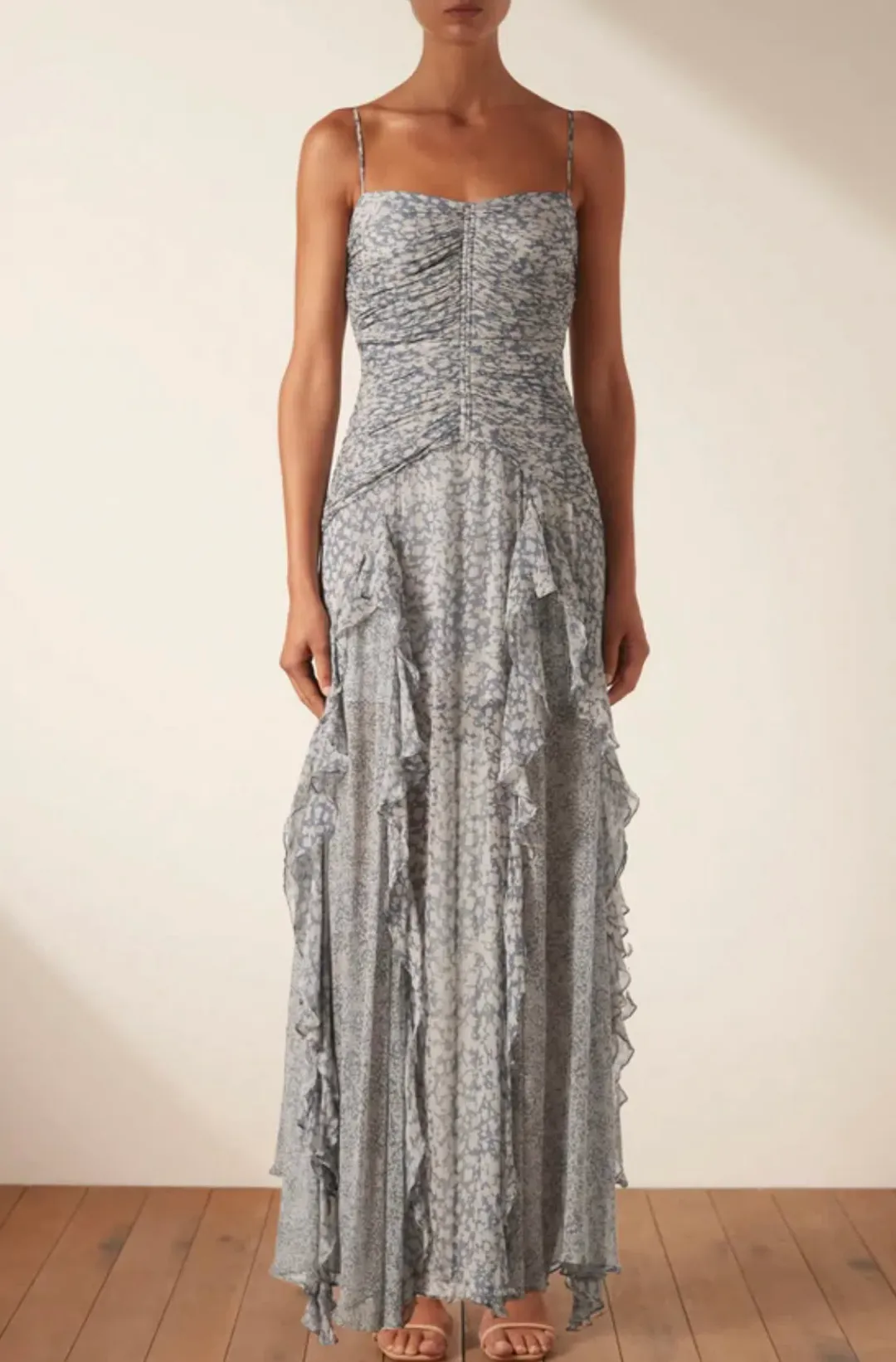 Shona Joy Candice Ruched Frill Maxi Dress Print Size 8 for rent on The Volte - main image