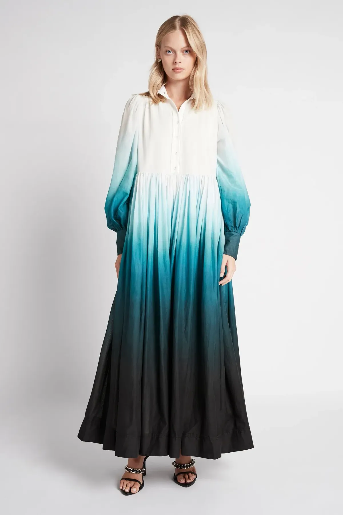 Aje Cosmos Long-sleeved Tiered Maxi Dress Teal Ombre Size AU 6 - Image 1