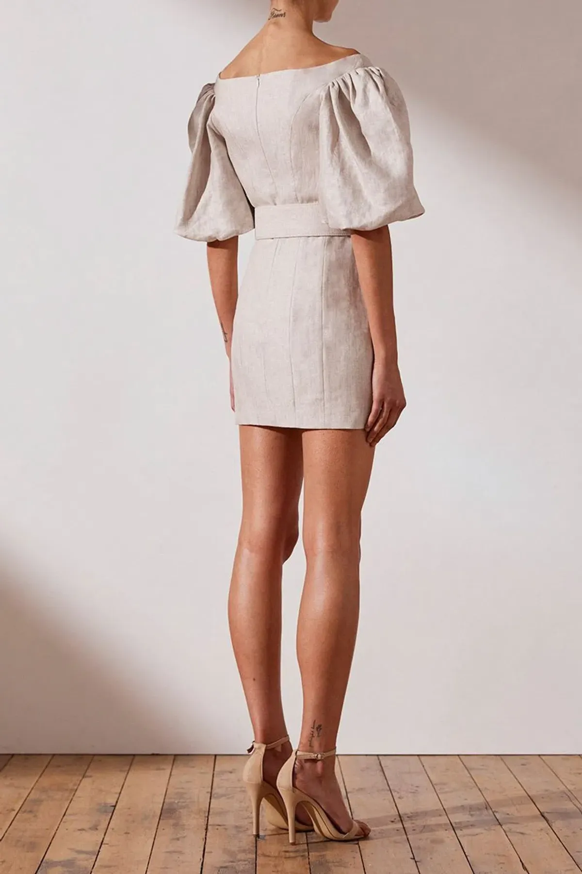 Shona Joy Hamilton Off Shoulder Fitted Mini Dress Beige Size 12 - Image 3