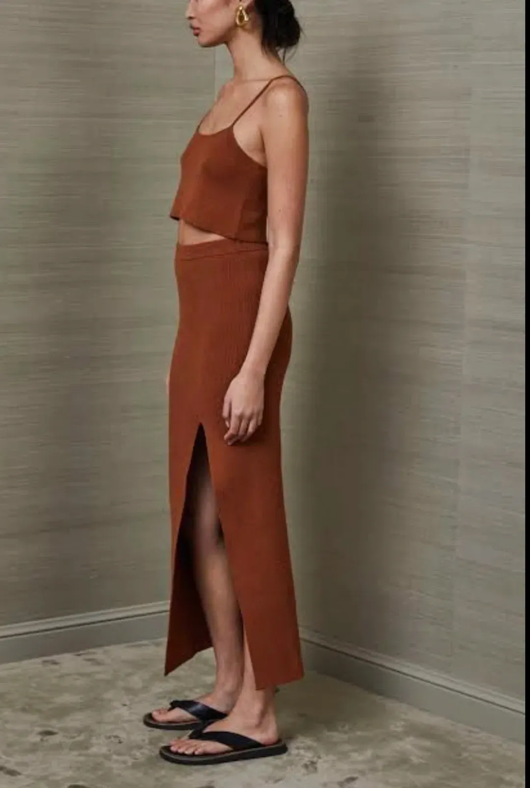 Bec & Bridge Bowie Knit Crop and Midi Skirt Set Rust Brown Size 6 for rent on The Volte - main image