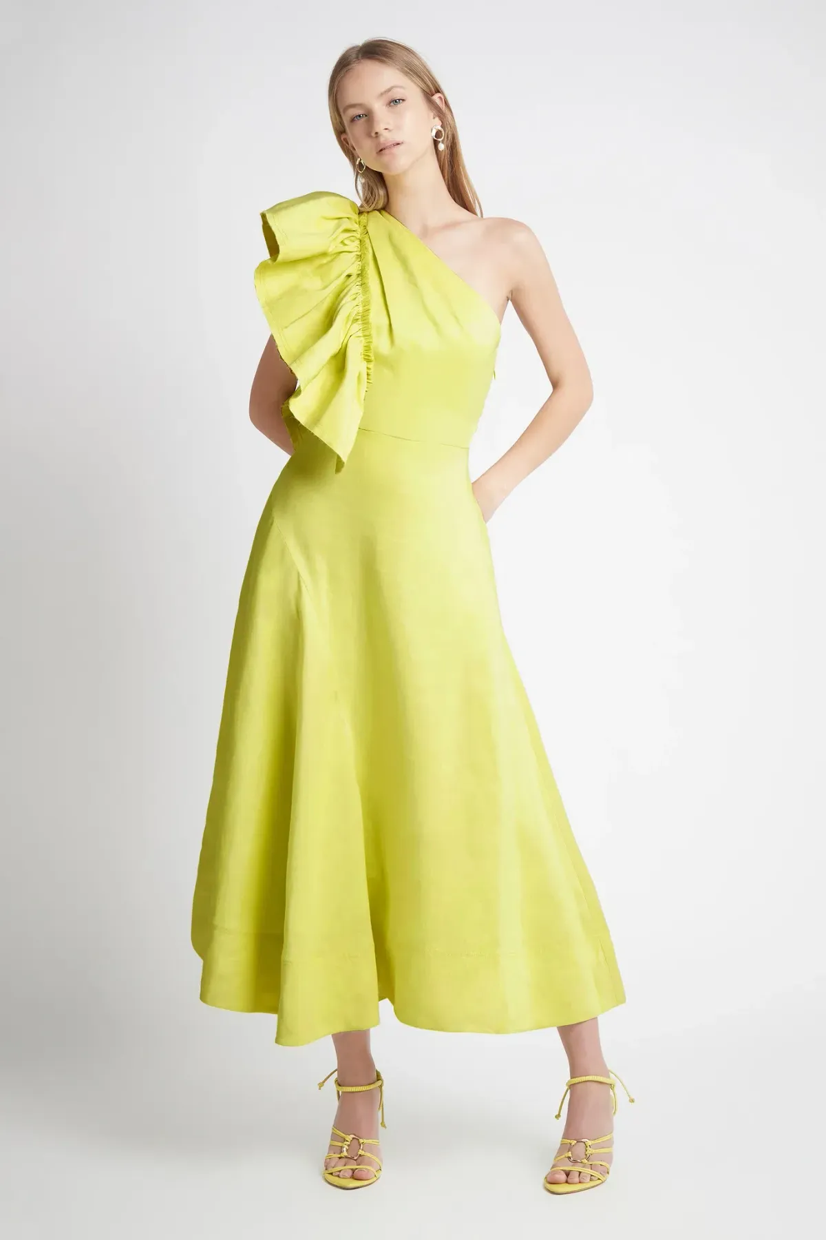 Aje Bonjour Asymmetric Midi Dress Lime Green Size 8 for rent on The Volte - main image