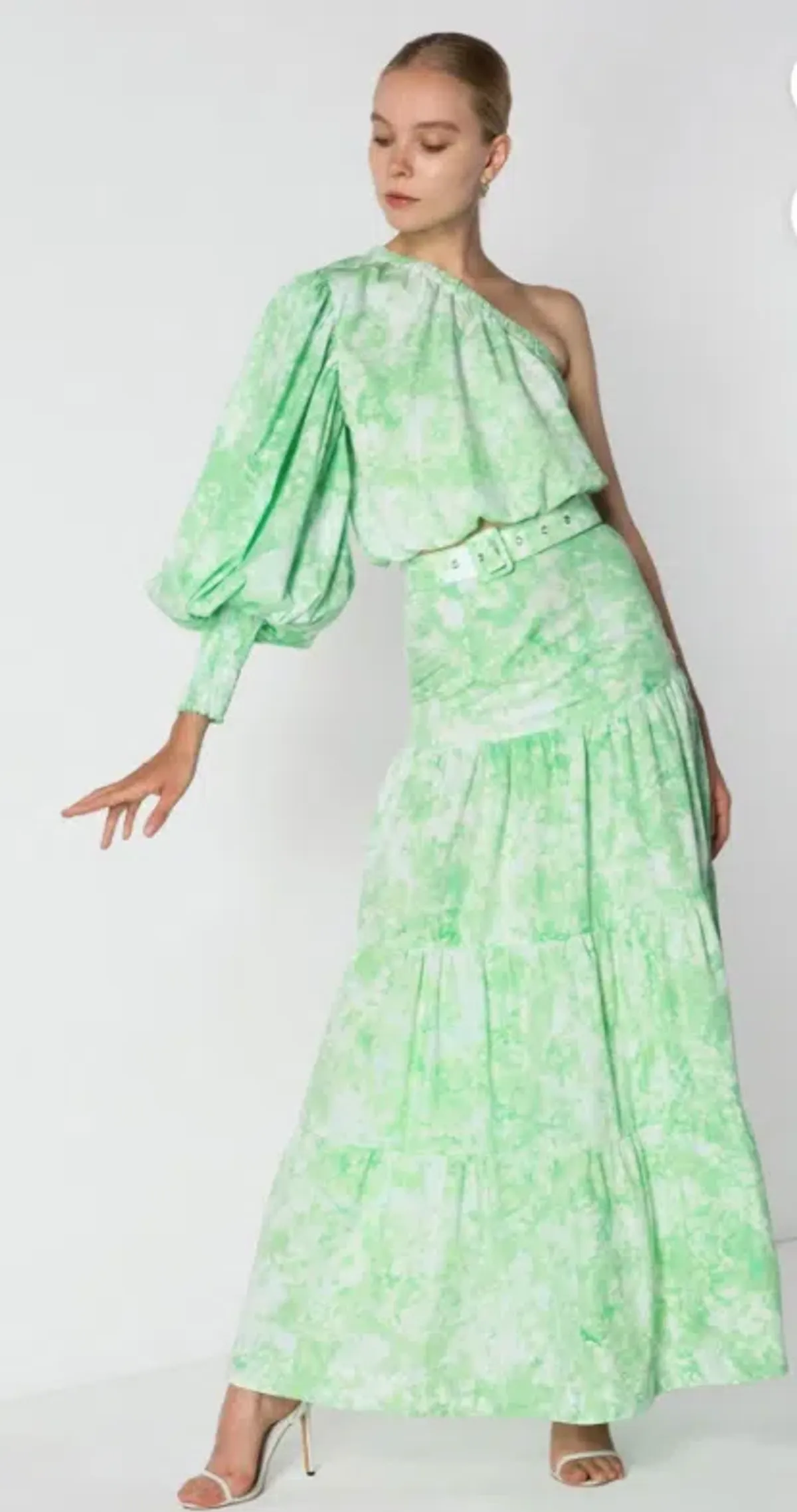 SWF Boutique One Shouldered Crop and Layered Skirt Set Force Green Size 8 - Image 1