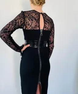 Alex Perry Mabelle Lace Long Sleeve Plastic & Satin Crepe Pencil Dress Black Size 6 for rent on The Volte - image 3