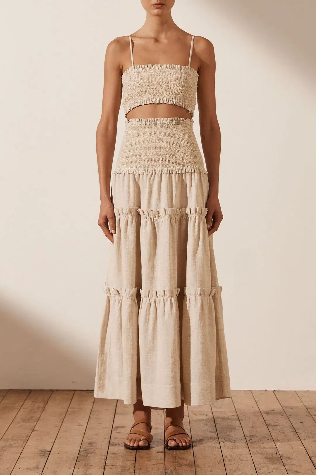 SHONA JOY Fiona Shirred Bralette and Tiered Midi Skirt Set CREAM Size AU 6 for rent on The Volte - main image