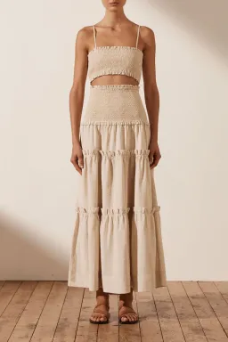 SHONA JOY Fiona Shirred Bralette and Tiered Midi Skirt Set CREAM Size AU 6 for rent on The Volte - image 1