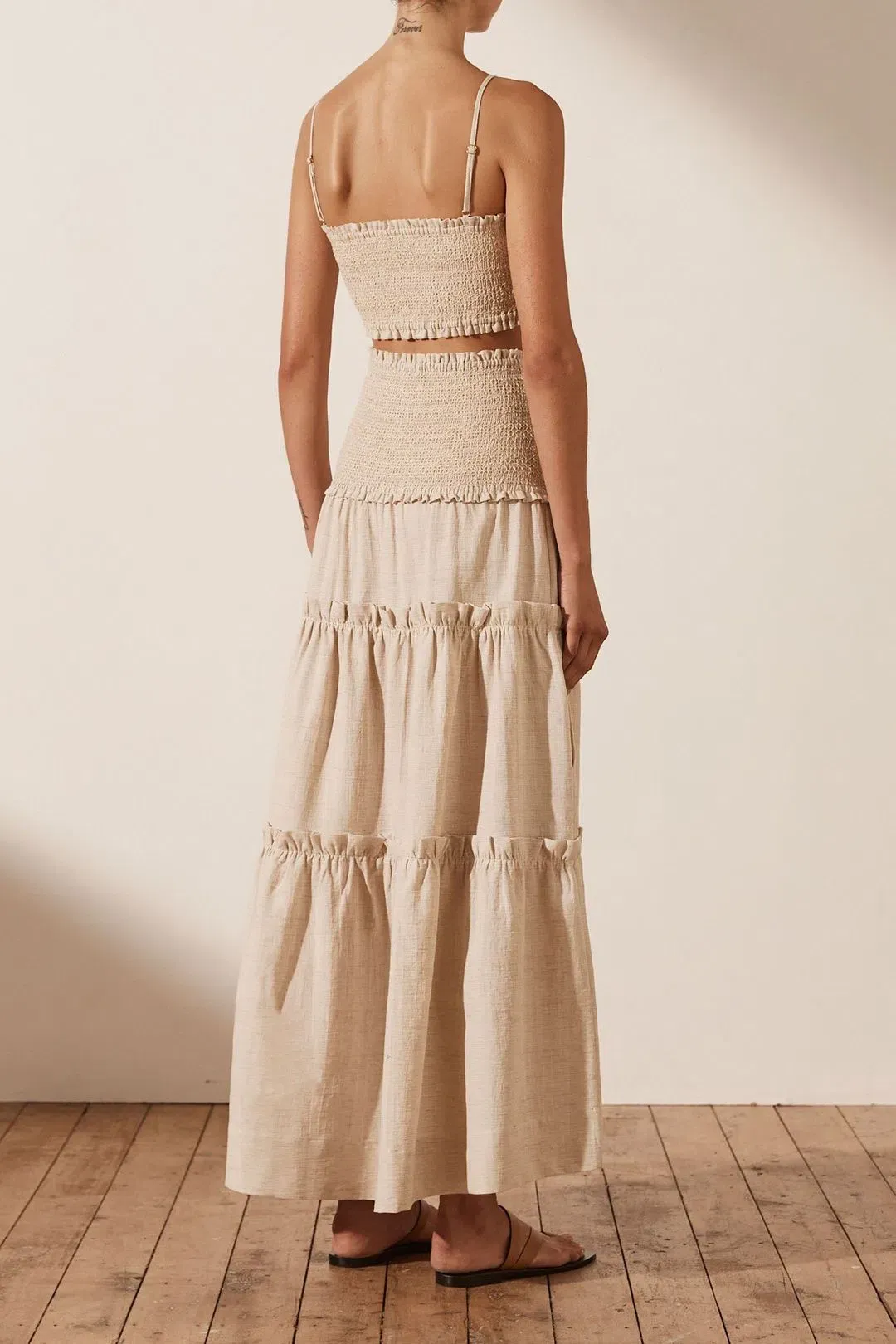 SHONA JOY Fiona Shirred Bralette and Tiered Midi Skirt Set CREAM Size AU 6 for rent on The Volte - main image