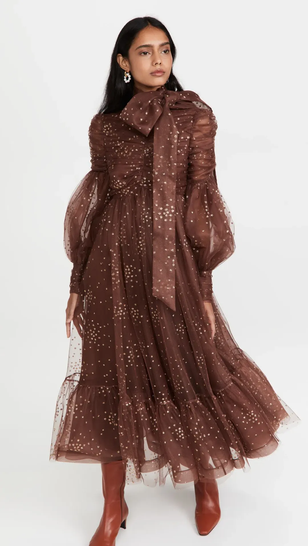 Zimmermann Tempo Ruched Glitter Gown Chocolate Brown Size 0 / Au 8 for rent on The Volte - main image