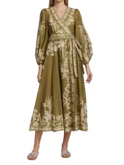 Zimmermann Anneke Floral Print Cotton Voile Wrap Midi Dress in Army Green Size 1 / Au 10 for rent on The Volte - image 1