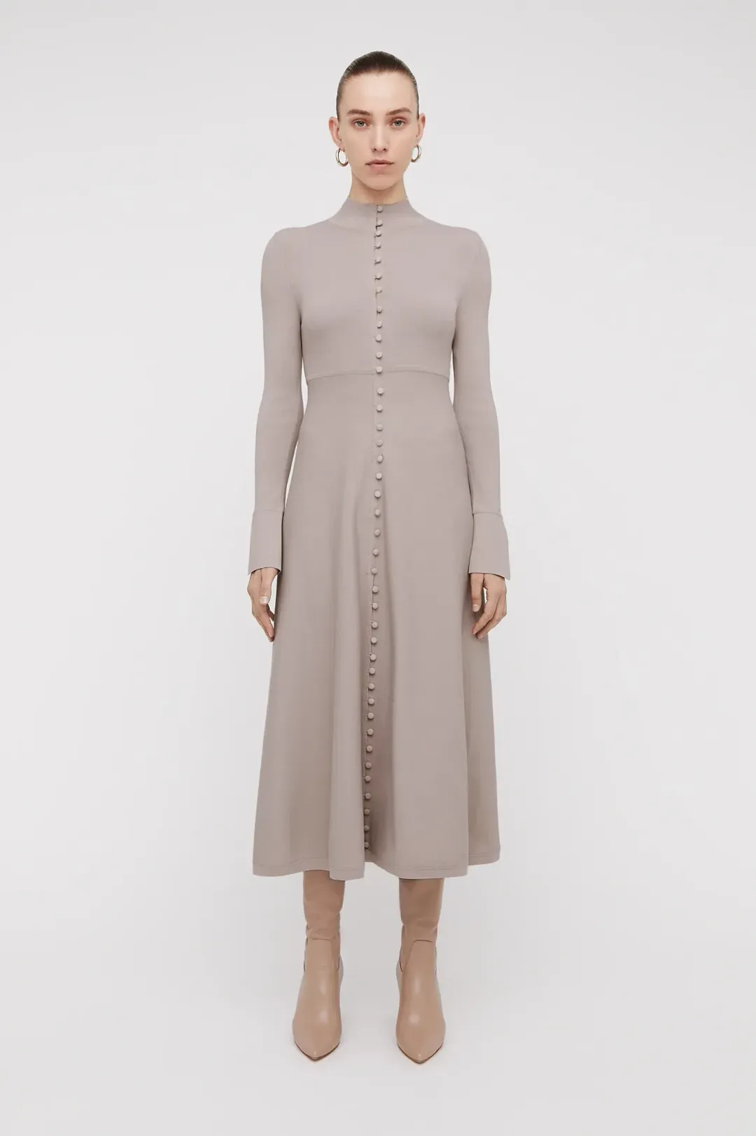 Scanlan Theodore Crepe Knit Button Dress Oyster Size 8 for rent on The Volte - main image