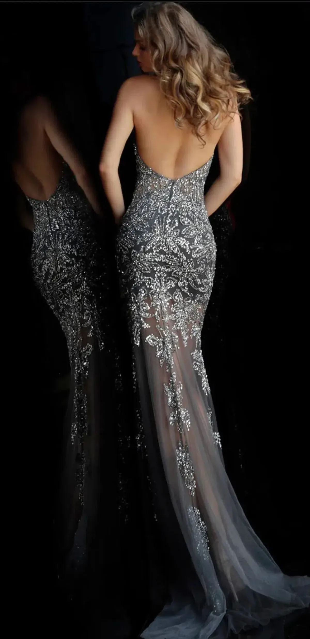 Jovani 57784BG Column Dress Silver Size 12 - Image 2