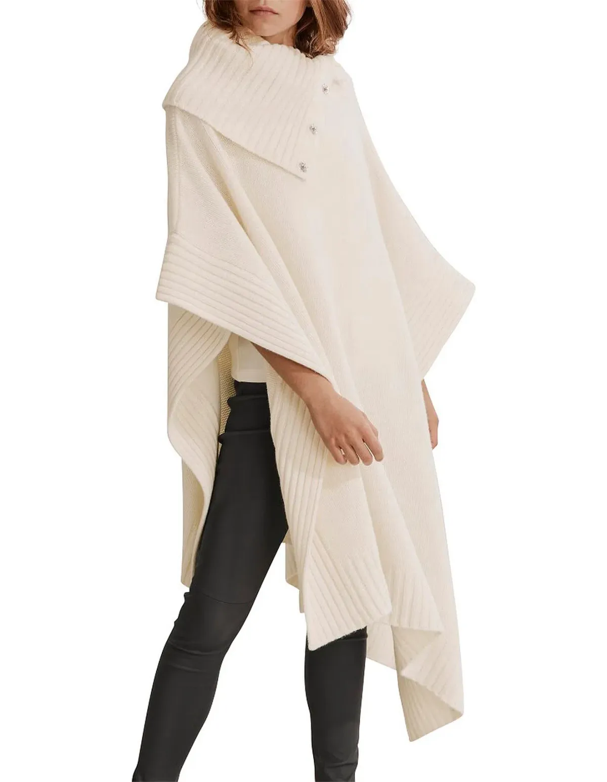 Country Road Button Detail Poncho Cream One Size - Image 1