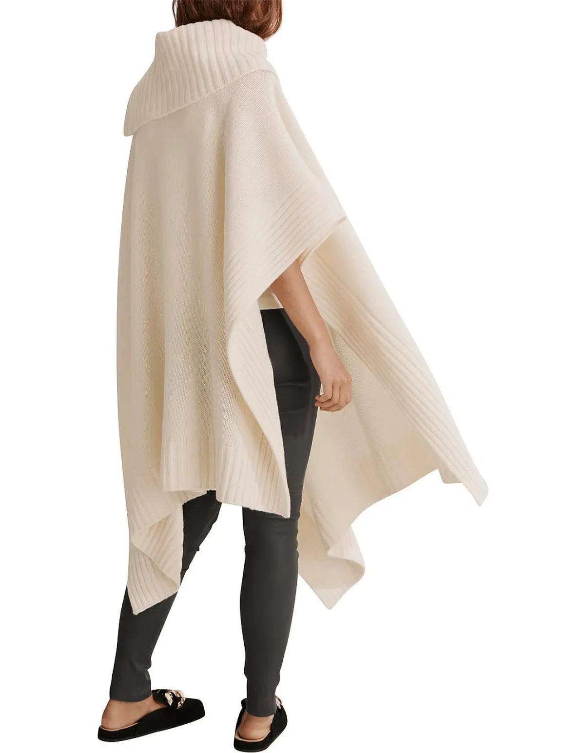 Country Road Button Detail Poncho Cream One Size - Image 4