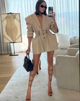 The Mannei Khazali Tailored Leather Blazer Beige Size 8 for rent on The Volte - image 11