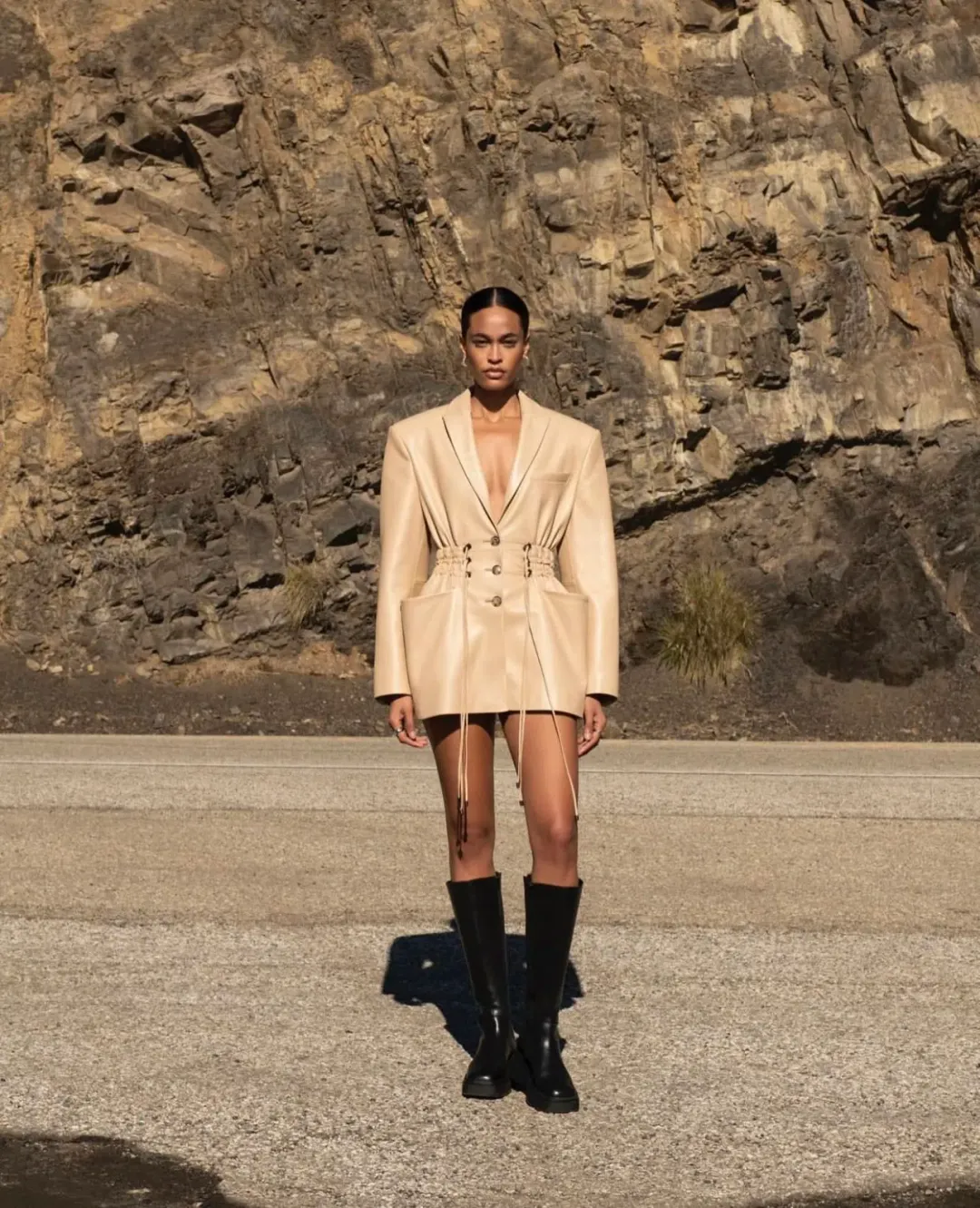 The Mannei Khazali Tailored Leather Blazer Beige Size 8 for rent on The Volte - main image