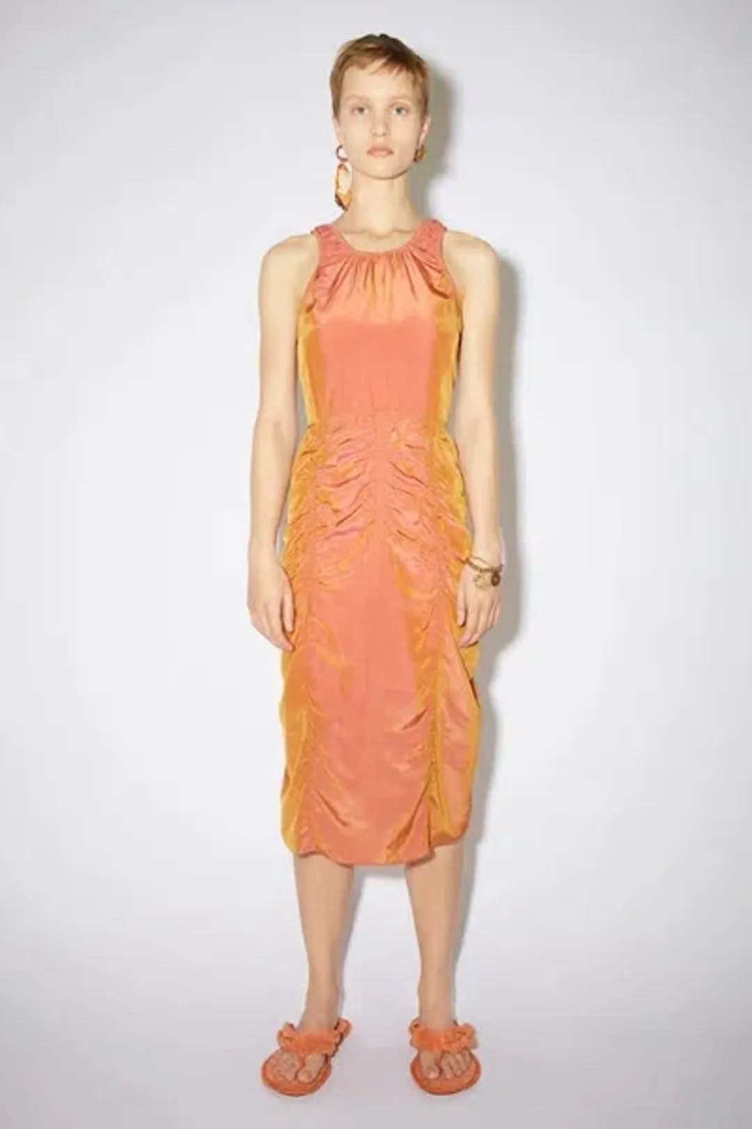 Acne Studios Iridescent Ruched Midi Dress Orange Size 36 / Au 8 for rent on The Volte - main image