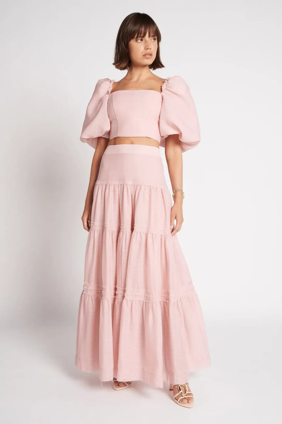 Aje Esme Puff Sleeve Cropped Top and Imprint Maxi Skirt Set Dusty Pink Size 8 for rent on The Volte - main image