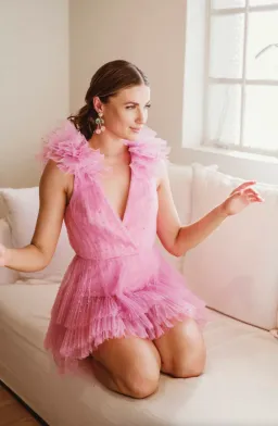 Monique Lhuillier Dotted Tulle Party Dress Bubblegum Pink Size 8 for rent on The Volte - image 3