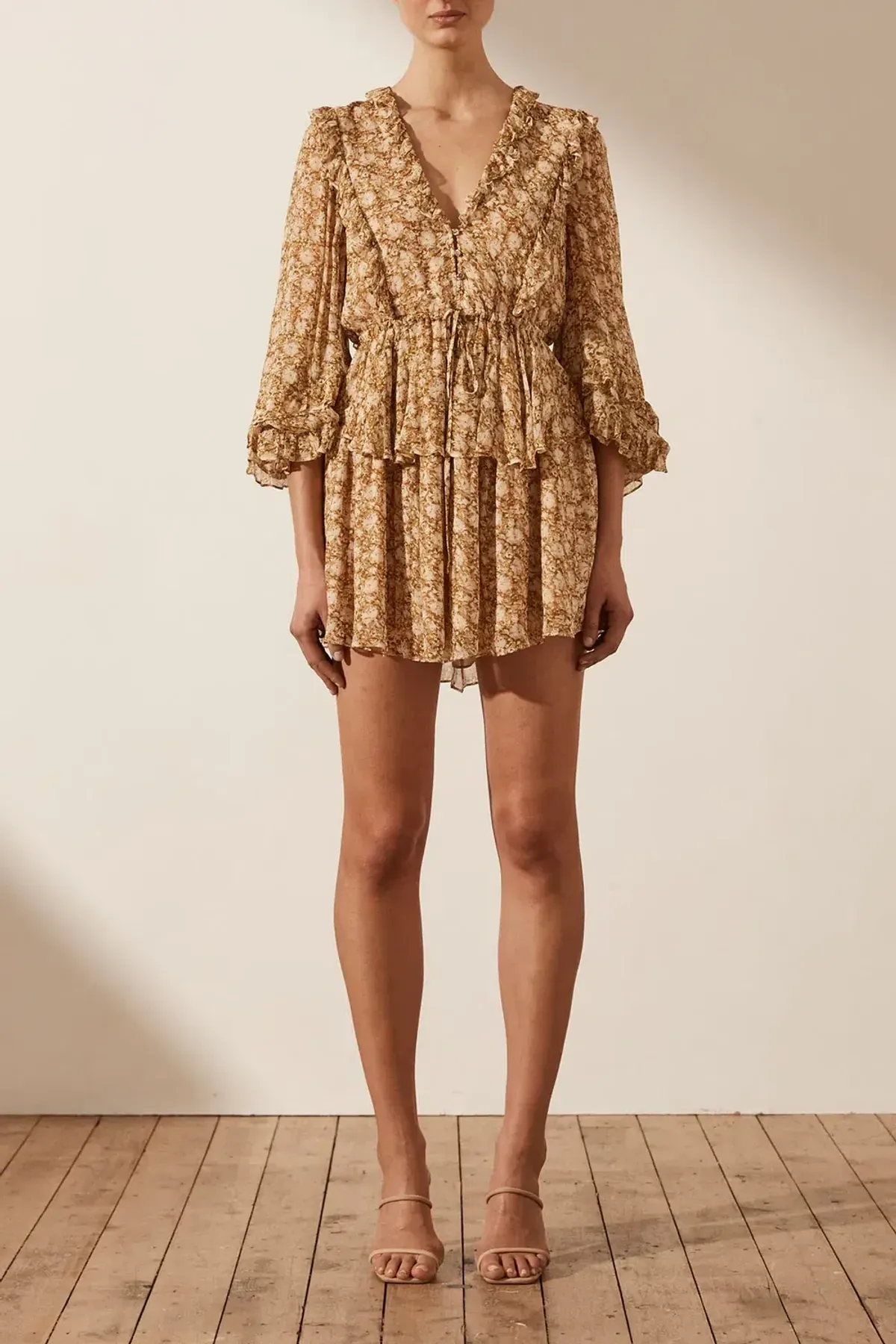 Shona Joy Julia Balloon Sleeve Drawstring Mini Dress Print Size 8 - Image 1