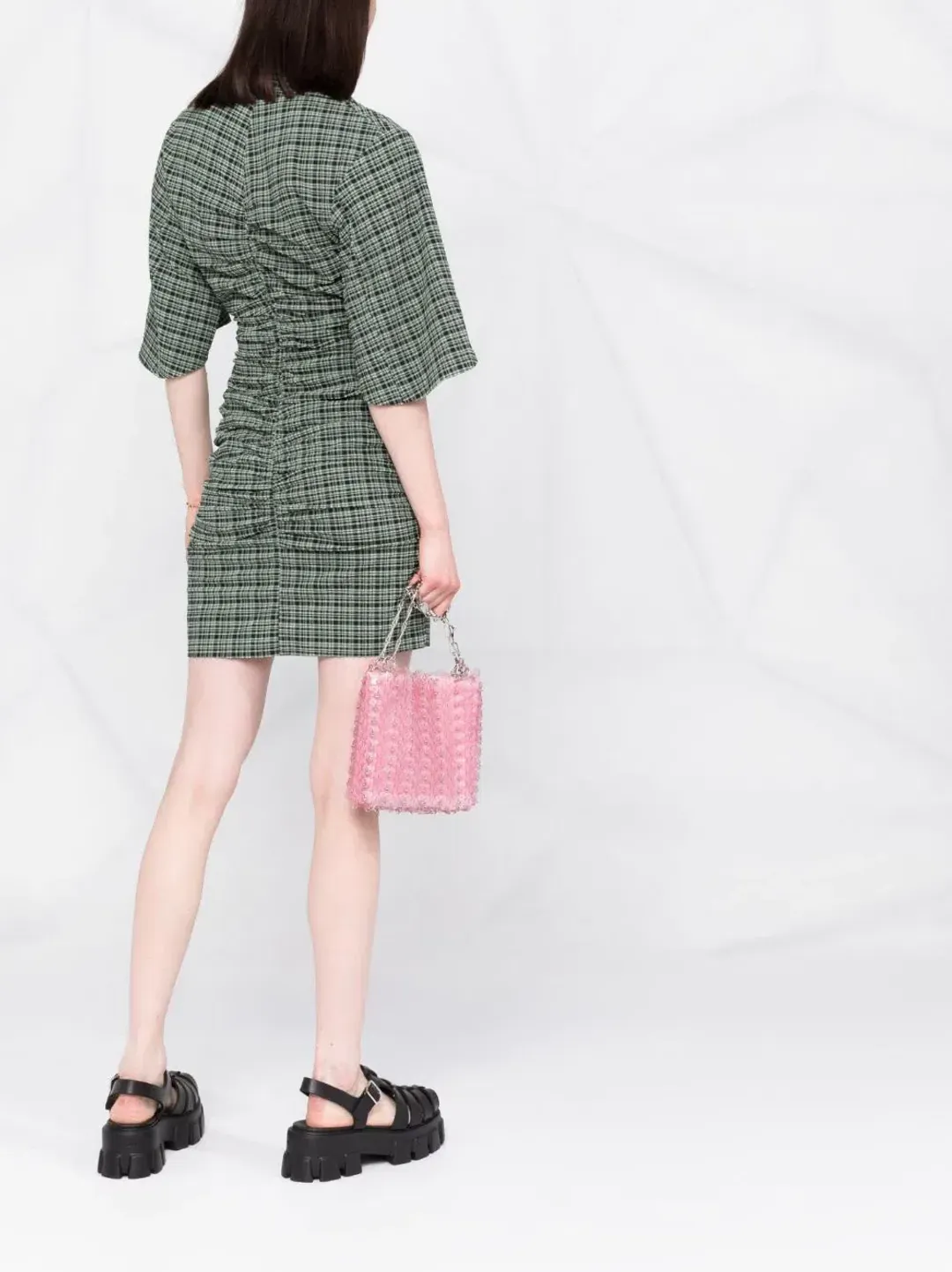Ganni Seersucker Check Ruched Dress Bay Green Size 14 for rent on The Volte - main image