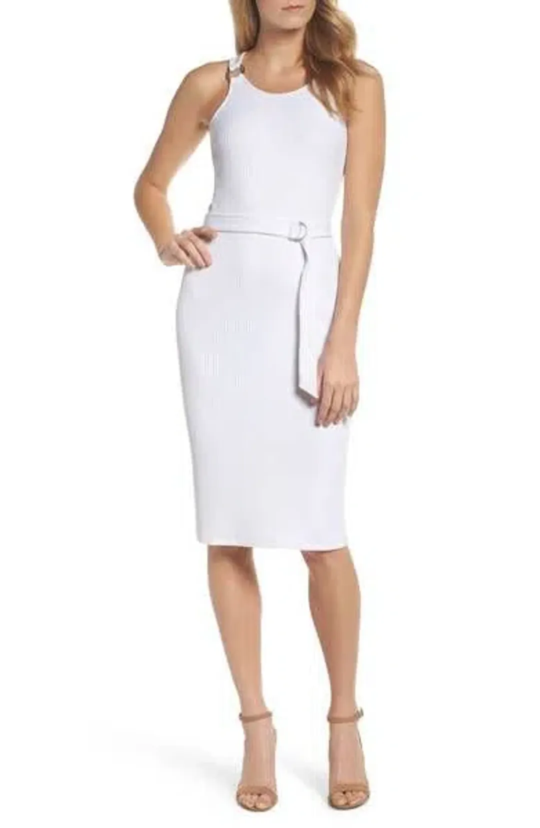Michael Kors Belted Ribbed Knit Dress White Size M for rent on The Volte - main image