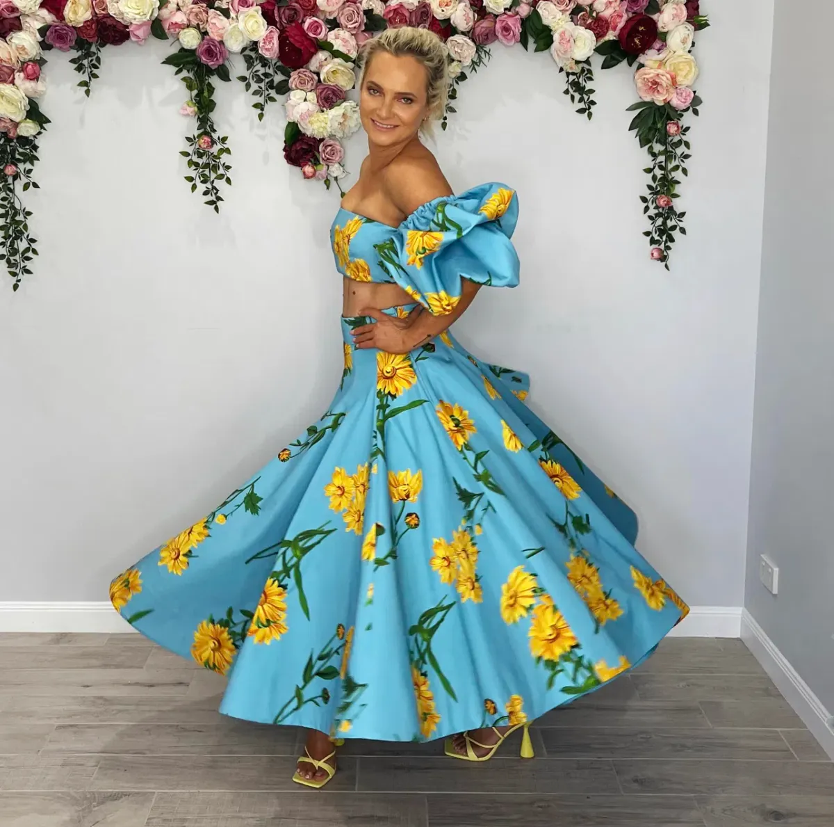 Leo and Lin Bleu Marguerite Puff Top & Maxi Skirt Set Print Size 10 for rent on The Volte - main image