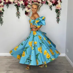 Leo and Lin Bleu Marguerite Puff Top & Maxi Skirt Set Print Size 10 for rent on The Volte - image 1