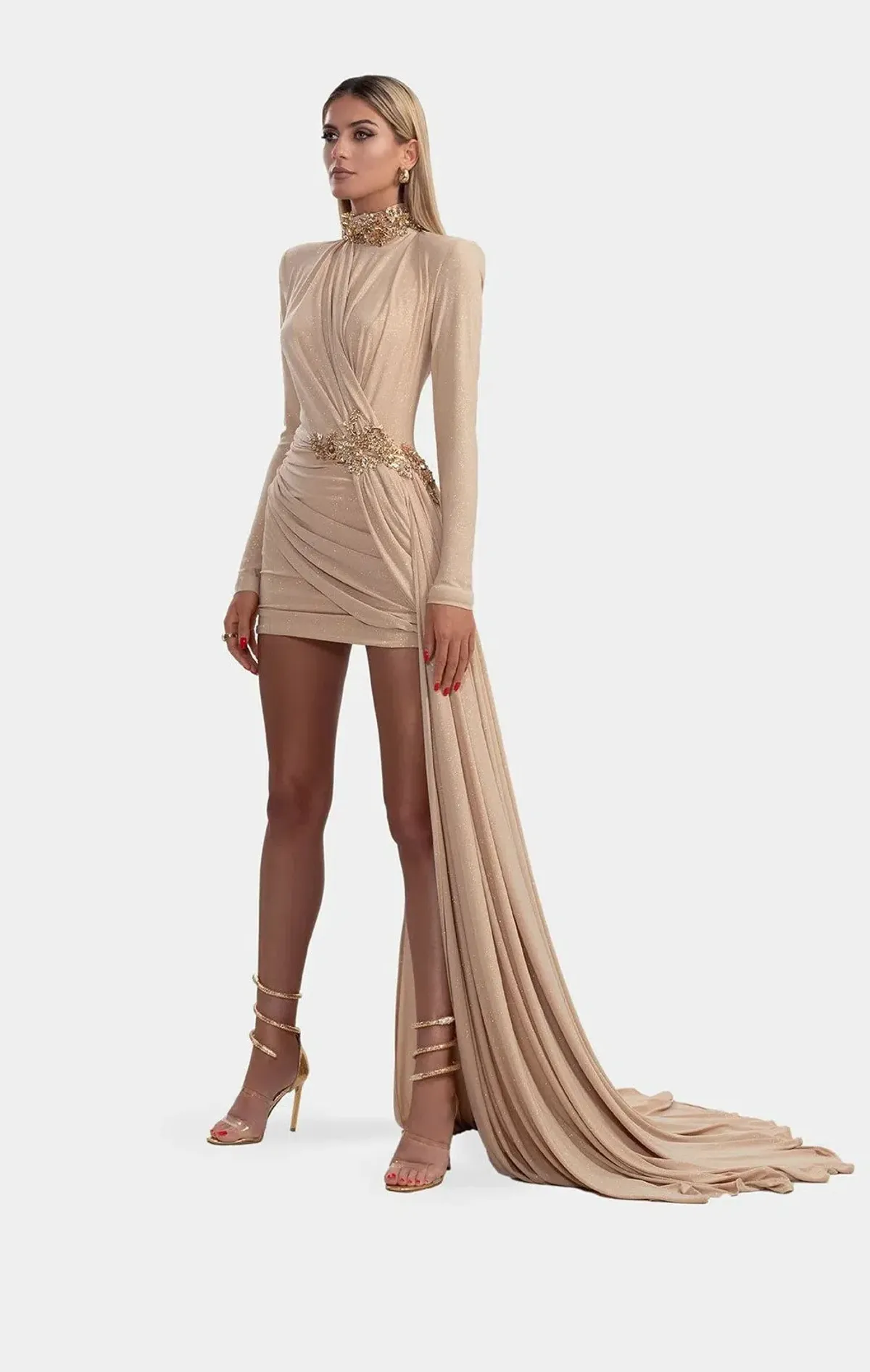 Albina Dyla Nude Stretch Shimmer Short Dress Size 12 for rent on The Volte - main image
