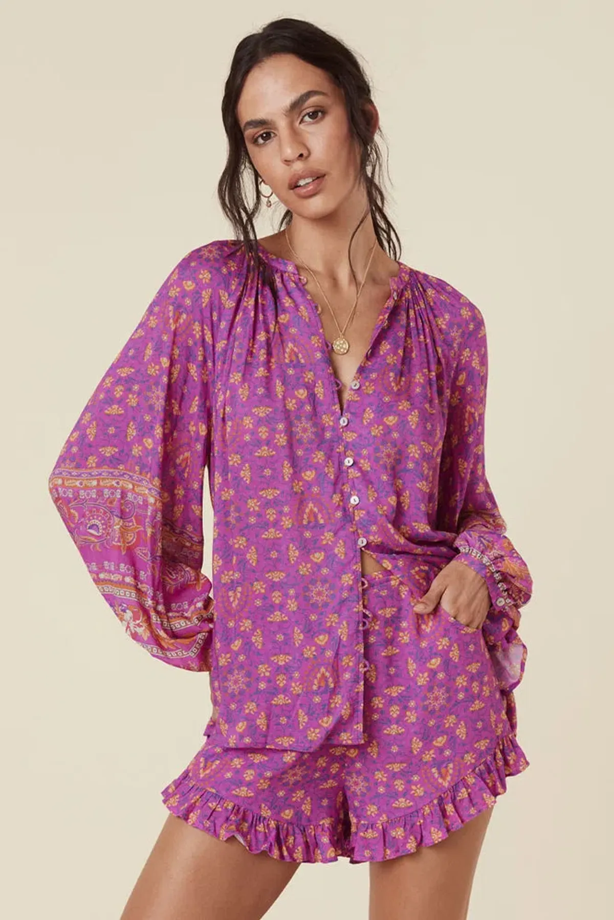 Spell Madame Peacock Blouse and Short Set Print Size M - Image 1