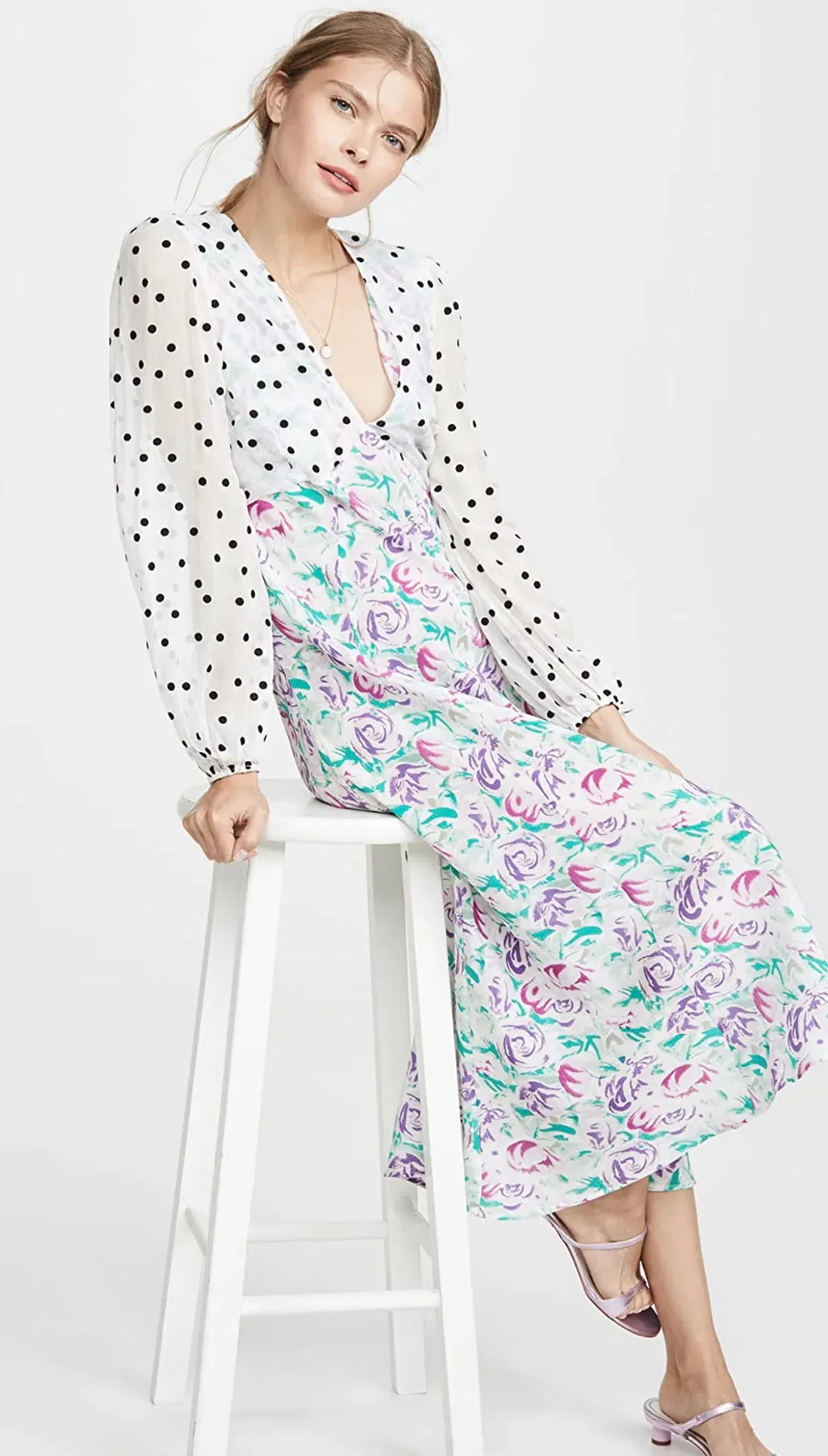 Rixo Melanie Dress In Polka Dot Italian Floral Pink Teal Size XS - Image 4