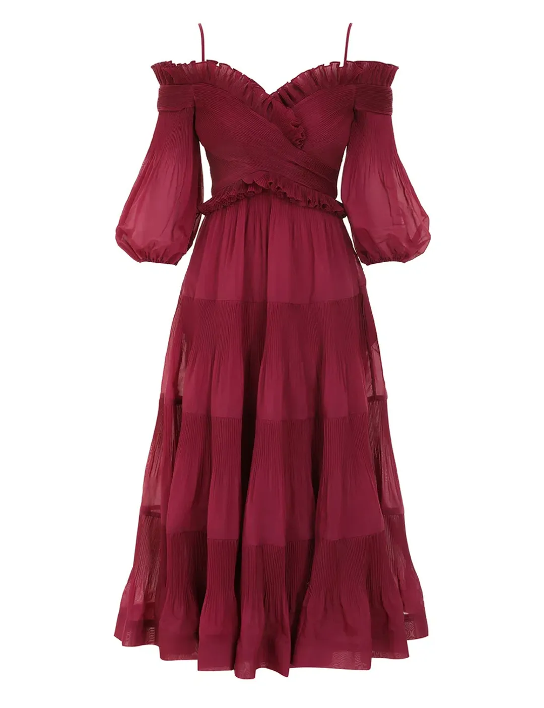 Zimmermann Pleated Off Shoulder Midi Dress Berry Size 2 / AU 12 for rent on The Volte - main image