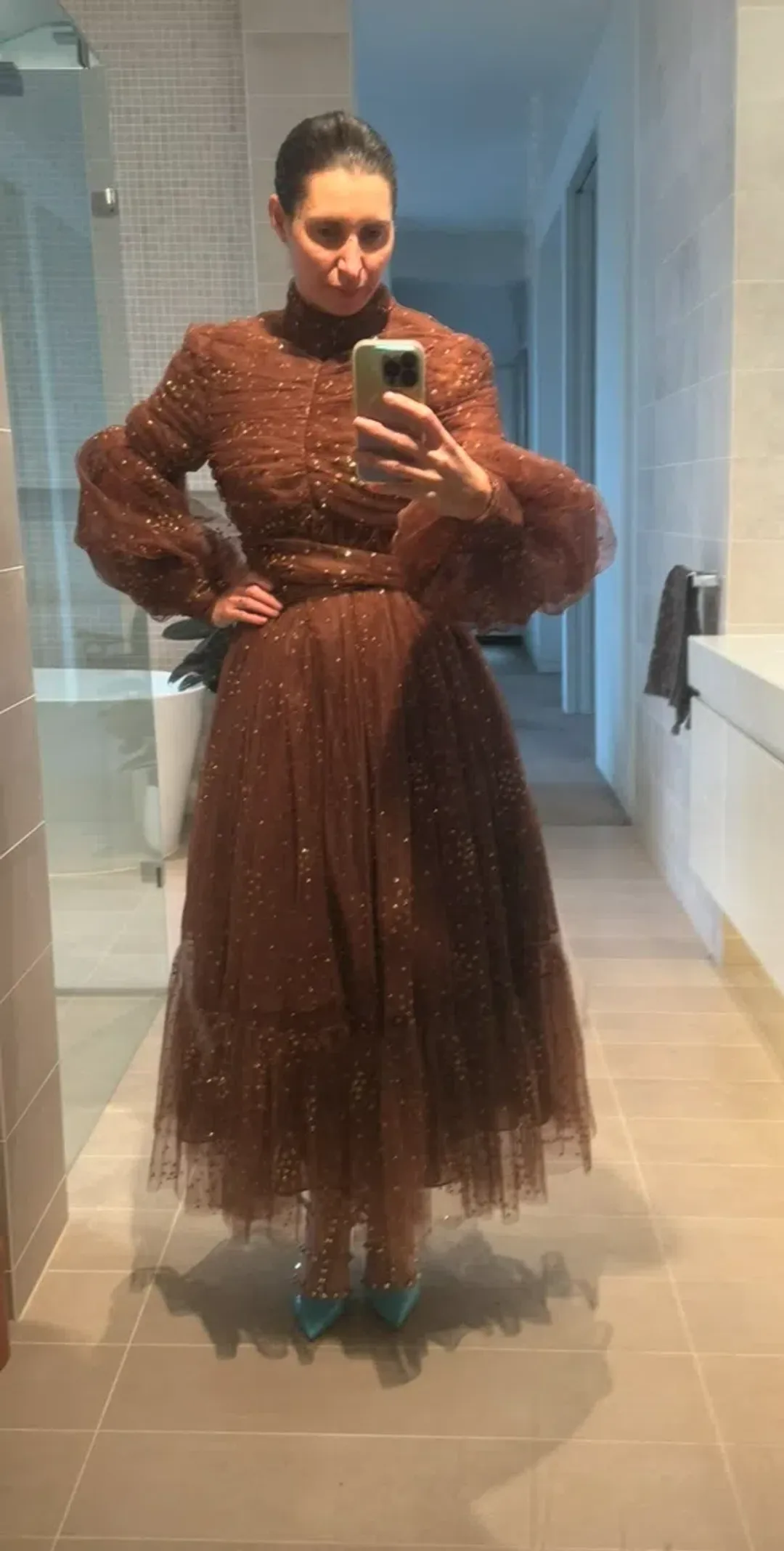 Zimmermann Tempo Ruched Glitter Tulle Gown Brown Size 2/ AU 12 for rent on The Volte - main image