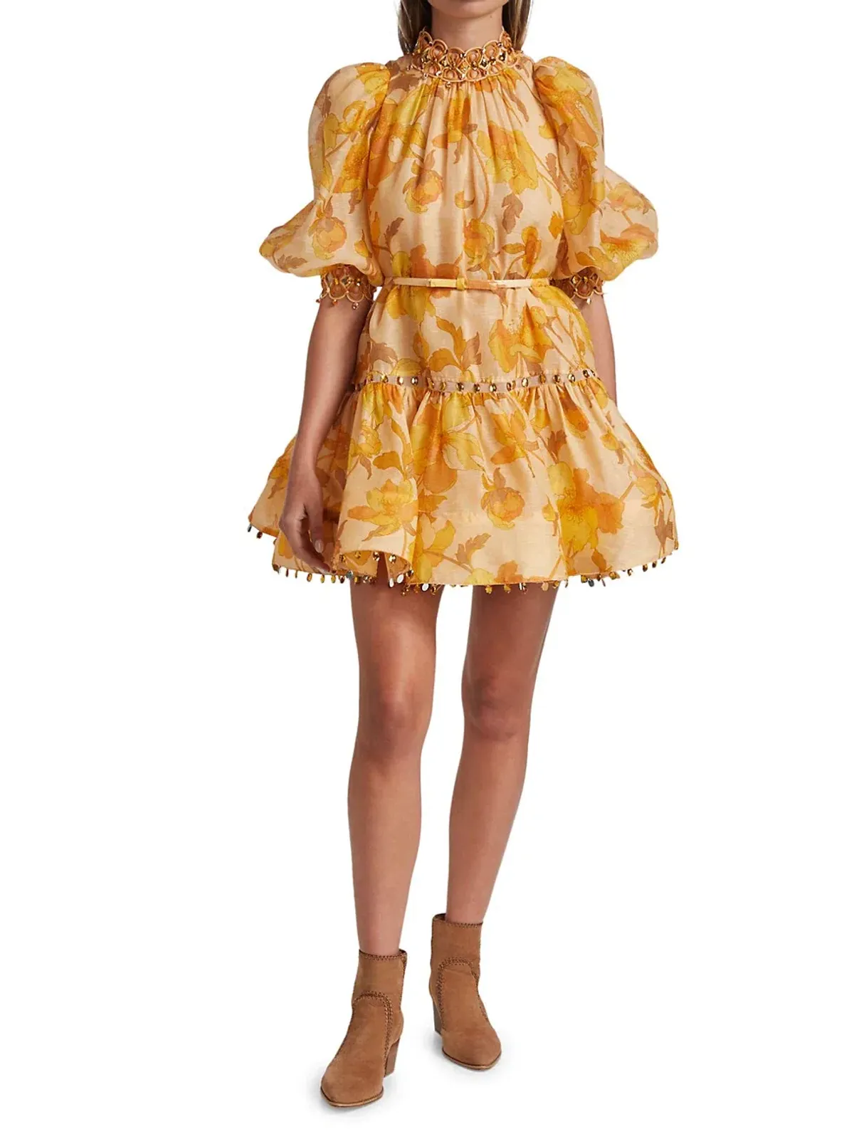 Zimmermann Tempo Trim Rouleau Mini Dress Gold Peonies Size 3 - Image 1