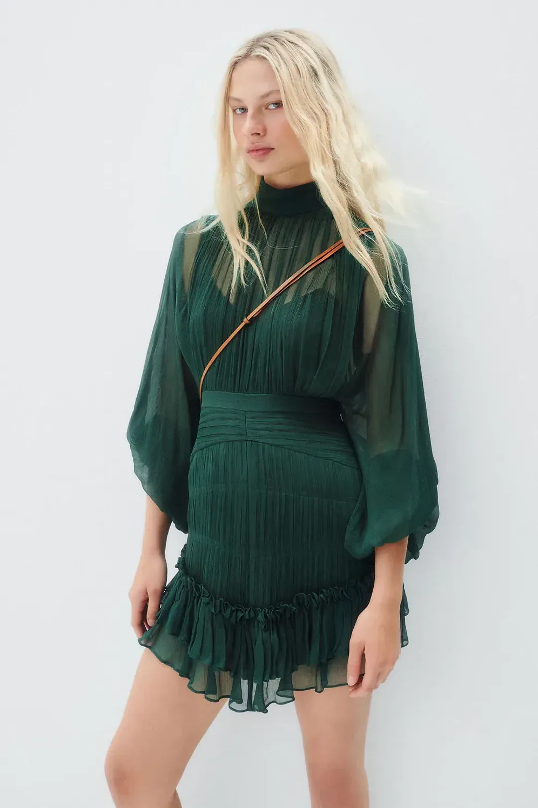 Shona Joy Leonie Long Sleeve Ruched Mini Dress Rosemary Green Size 10 for rent on The Volte - main image