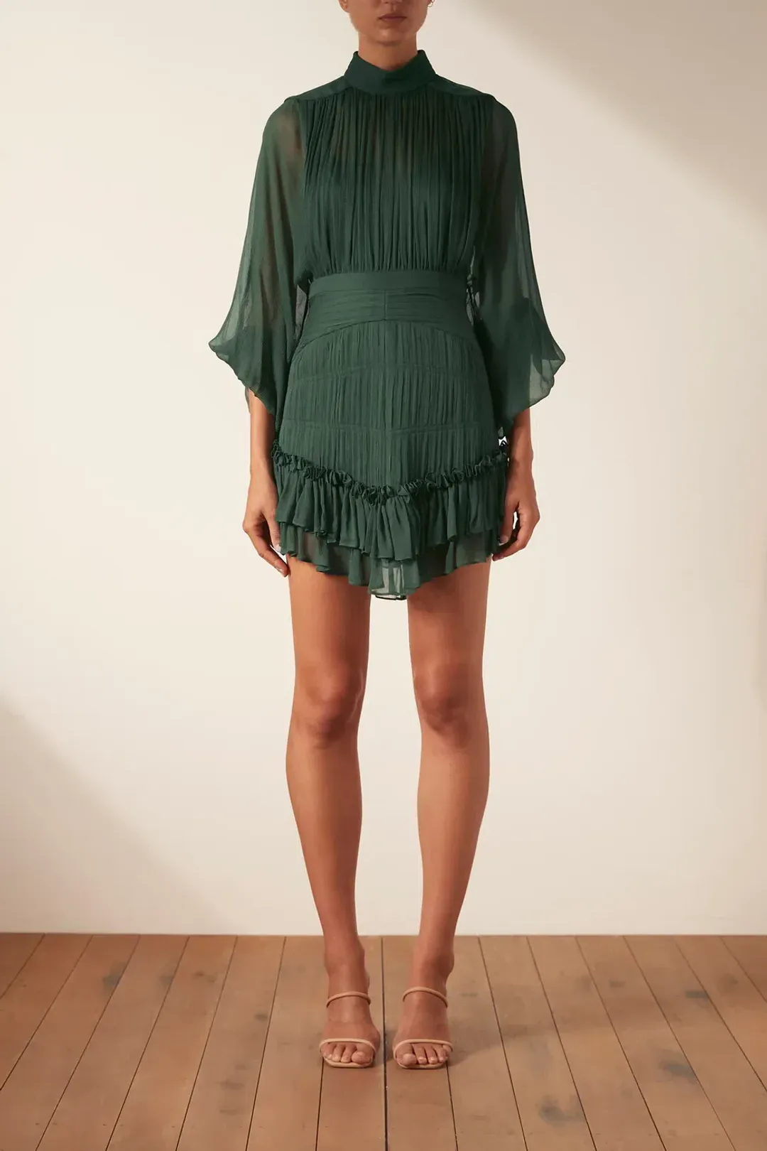 Shona Joy Leonie Long Sleeve Ruched Mini Dress Rosemary Green Size 10 for rent on The Volte - main image