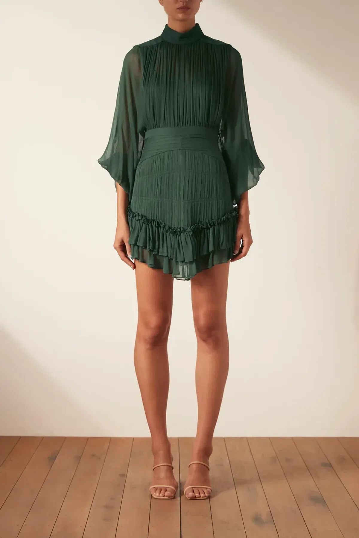 Shona Joy Leonie Long Sleeve Ruched Mini Dress Rosemary Green Size 10 for rent on The Volte - main image