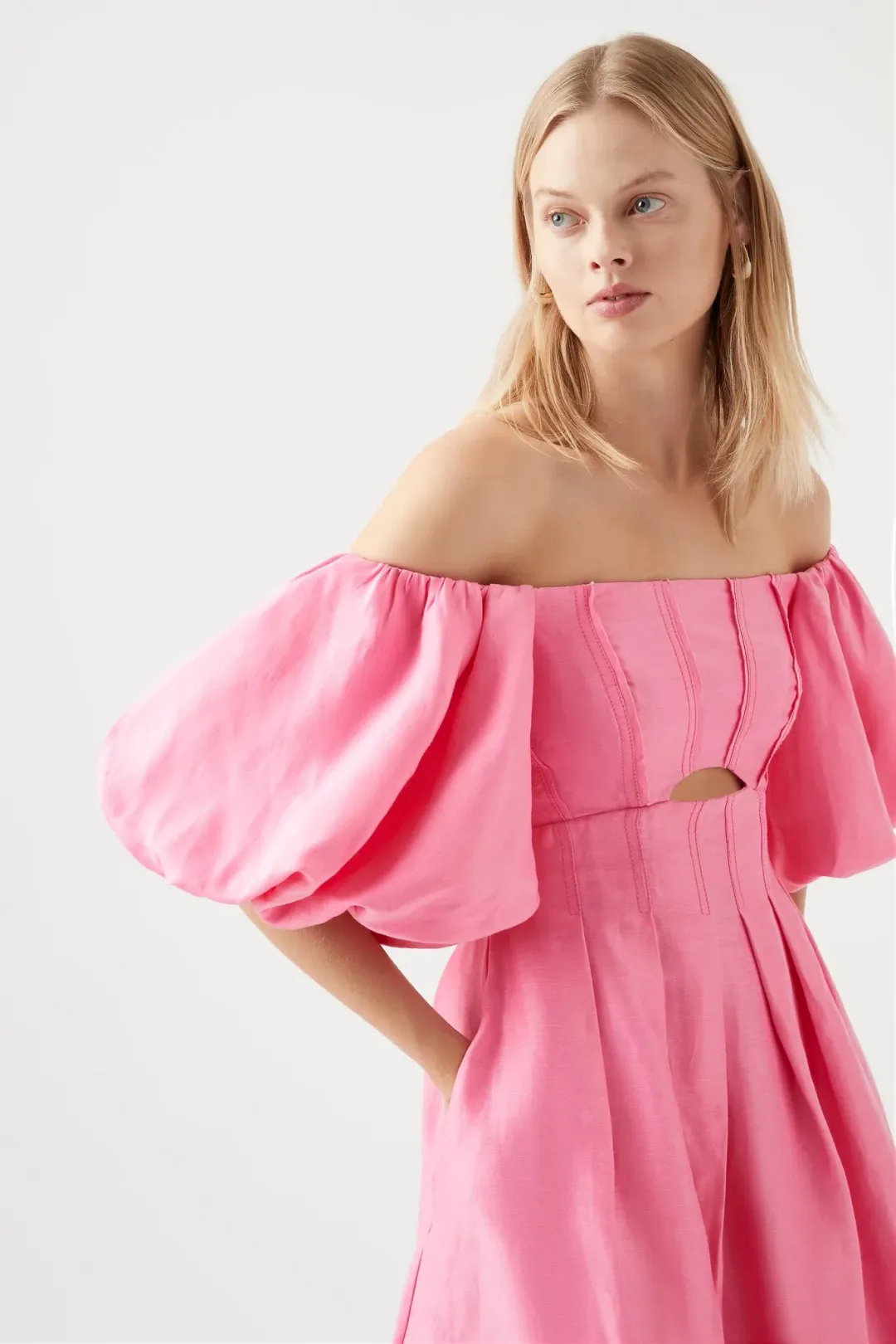 Aje Eugenie Off Shoulder Midi Dress Pink Size 10 for rent on The Volte - main image