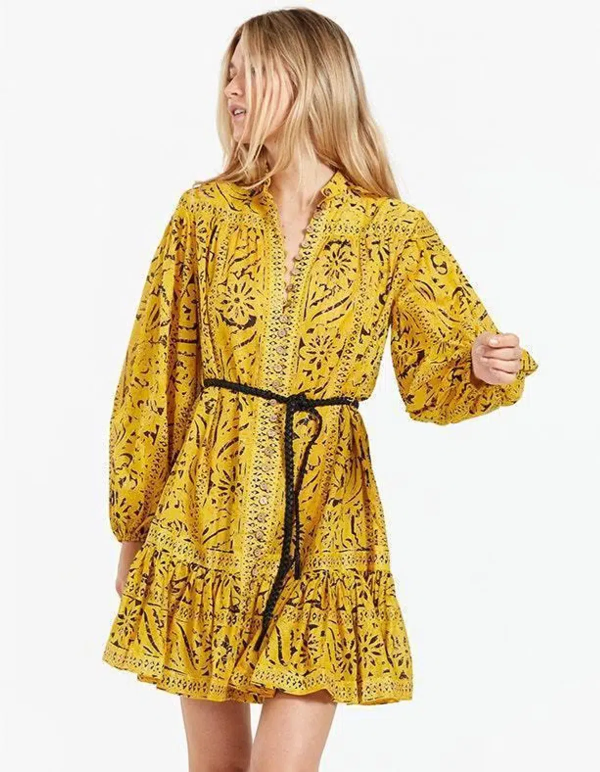 Zimmermann Lulu Belted Ruffled Print Cotton Mini Dress Yellow Size 2/ Au 12 - Image 2