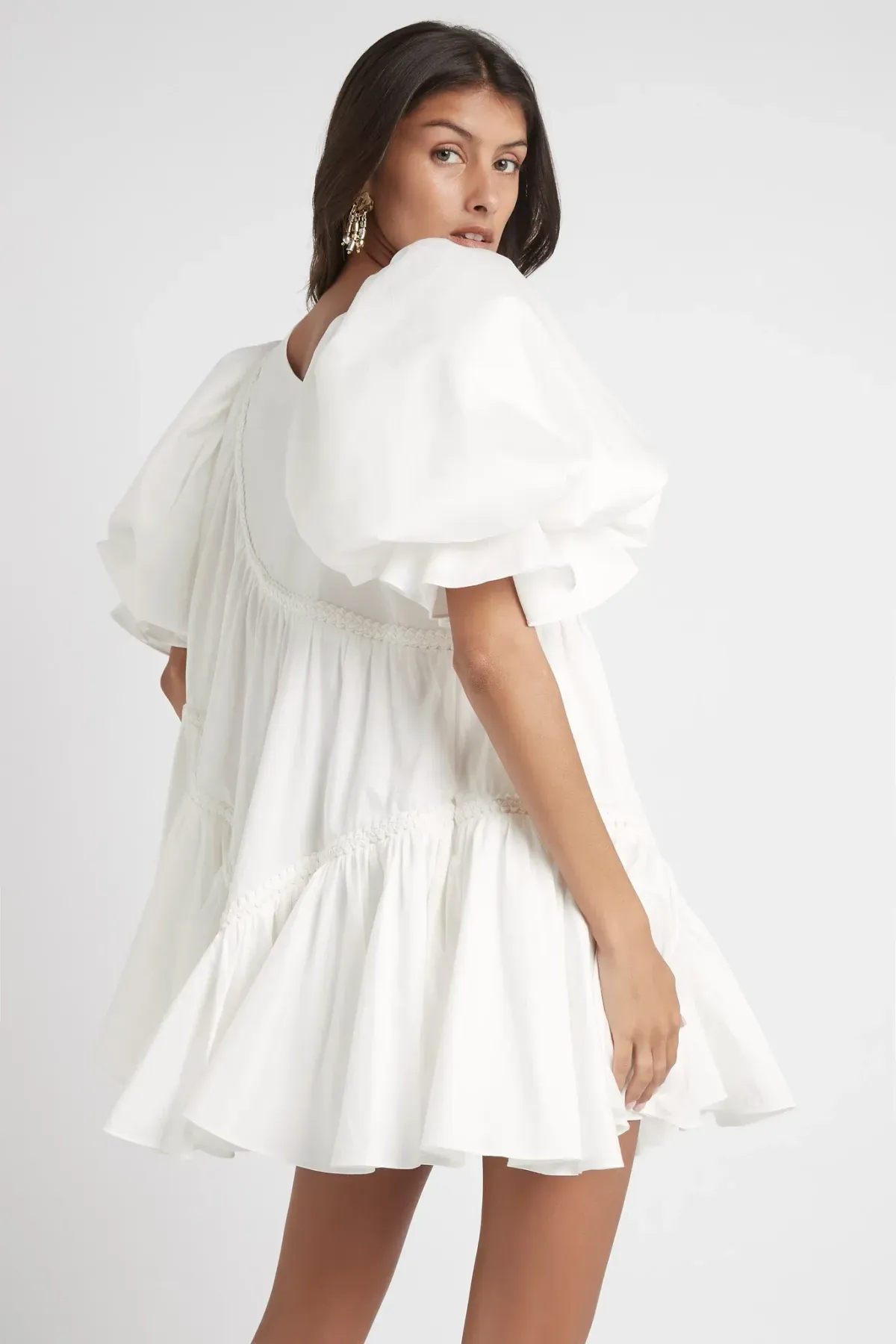 Aje Casabianca Braided Asymmetric Puff Sleeve Mini Dress White Size 14 - Image 4