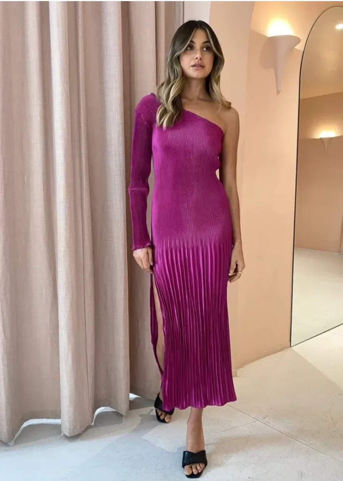 L'Idee Soiree One Shoulder Long Sleeve Dress Magenta Size 10 - Image 1