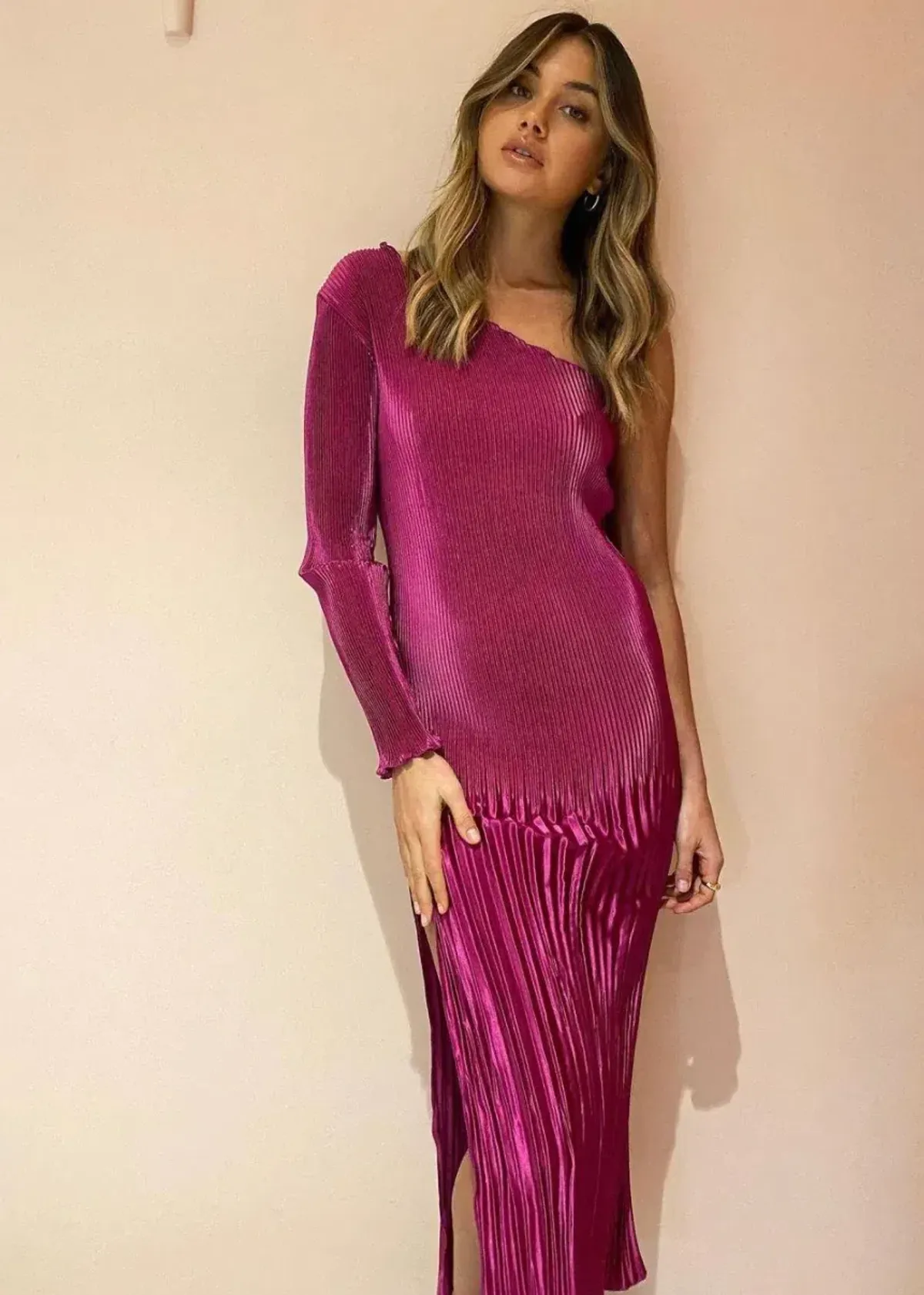 L'Idee Soiree One Shoulder Long Sleeve Dress Magenta Size 10 - Image 2