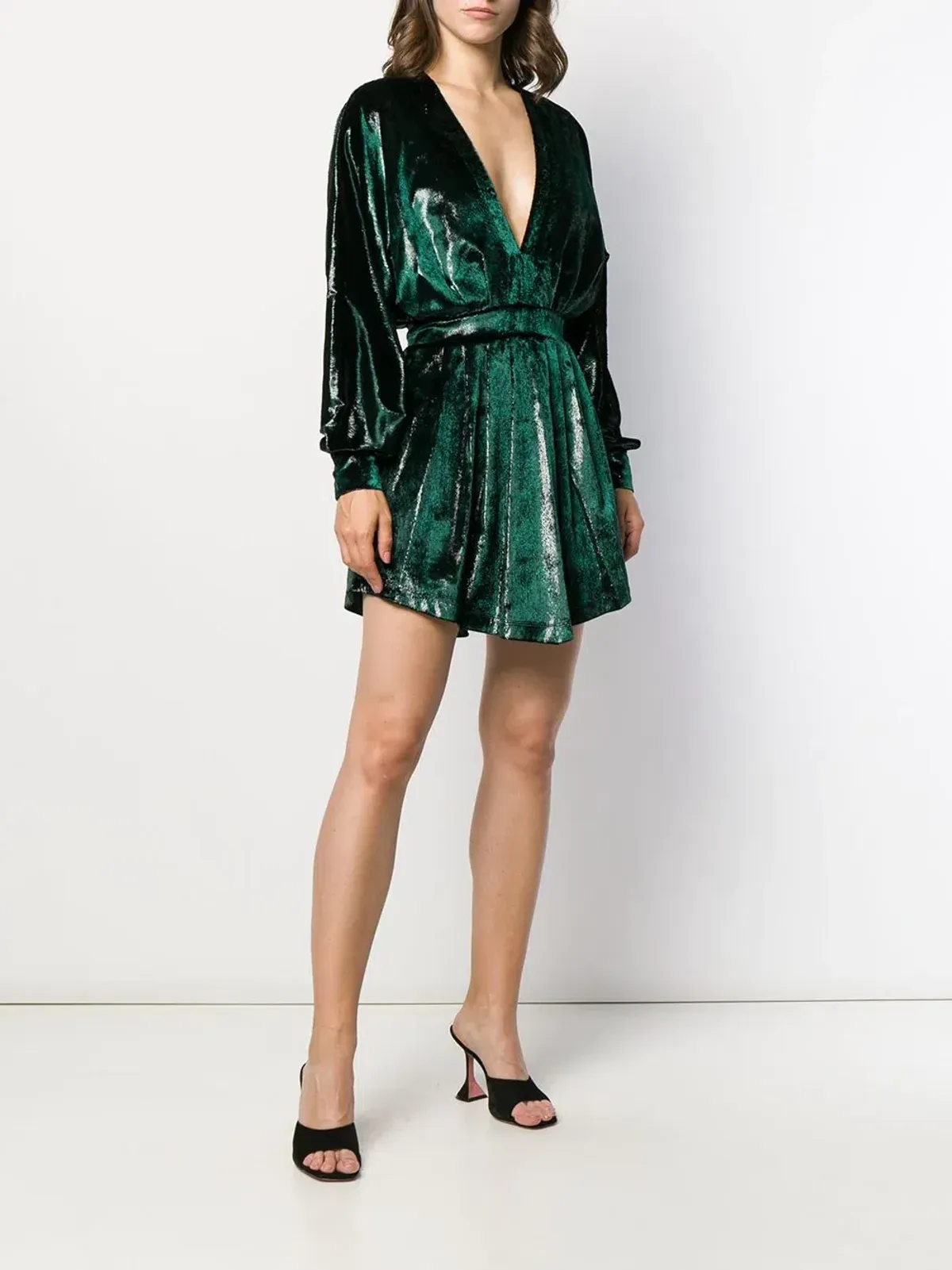 Balmain Metallic Velvet Flared Dress Green Size 38 - Image 2