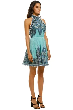 Zimmermann Moncur Ruffle Neck Mini Dress Aqua Paisley Print Size 2/ Au 12 for rent on The Volte - image 2